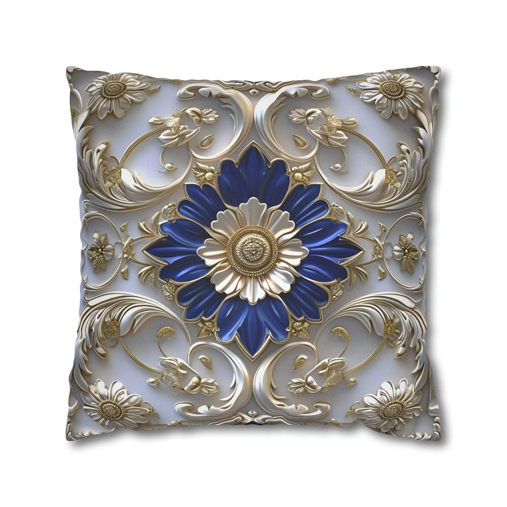 Baroque Floral Throw Pillow Cover: Cobalt Blue, Silver-Gray & Gold Accents, Elegant Cushion Case
