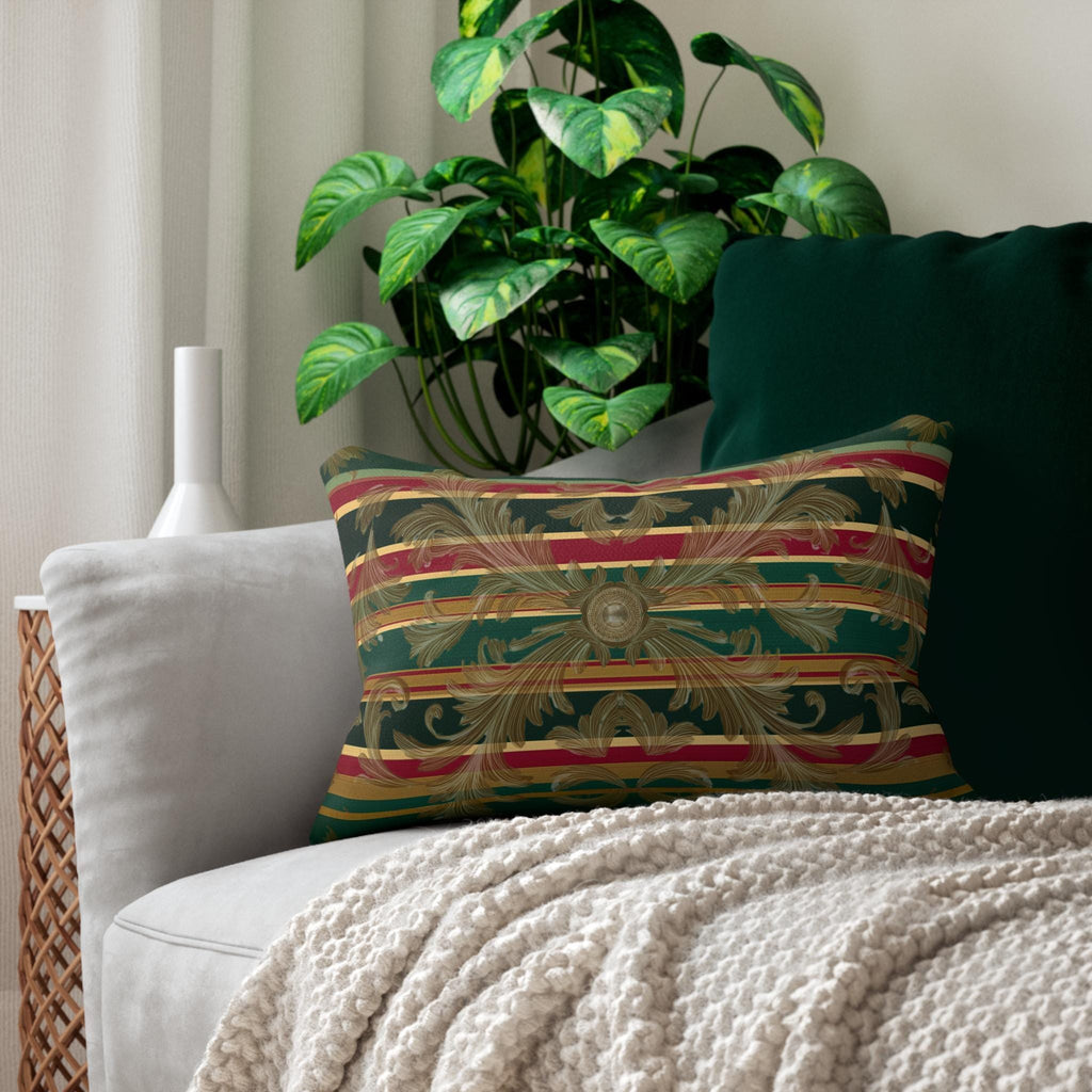 Gold Damask Christmas Lumbar Pillow: Emerald Tartan Bands and Medallion Accent