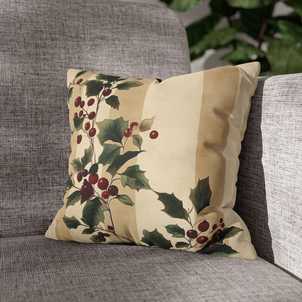 Vintage Style Holly & Stripes Pillow Cover: Classic Christmas Botanical Accent