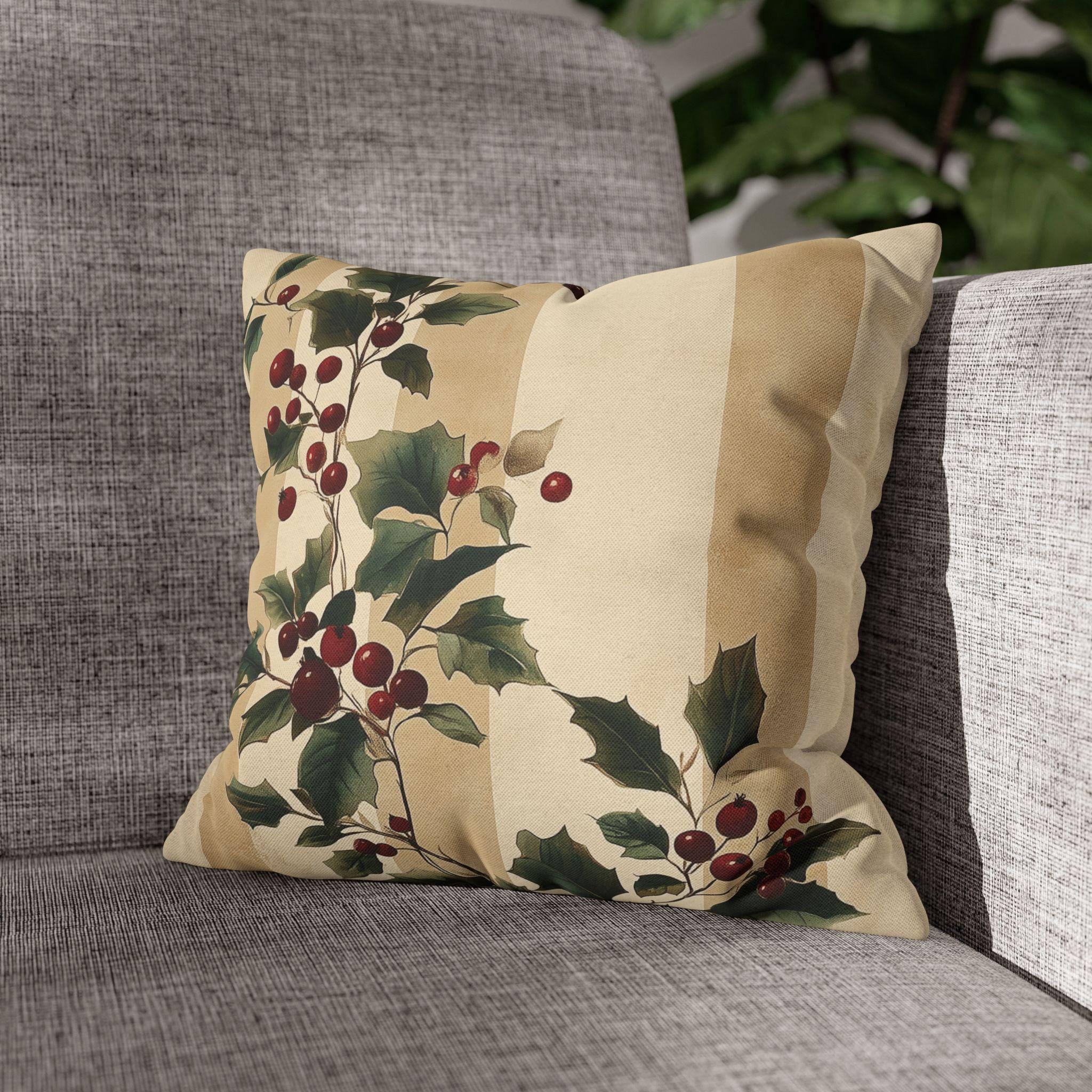 Vintage Style Holly & Stripes Pillow Cover: Classic Christmas Botanical Accent
