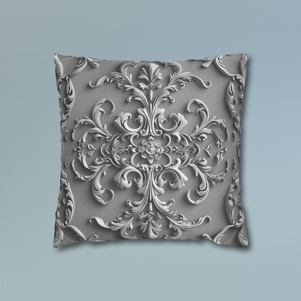 Elegant Silver Grey Baroque Floral Pillow Cover - Monochromatic Symmetrical Design for Classic Decor