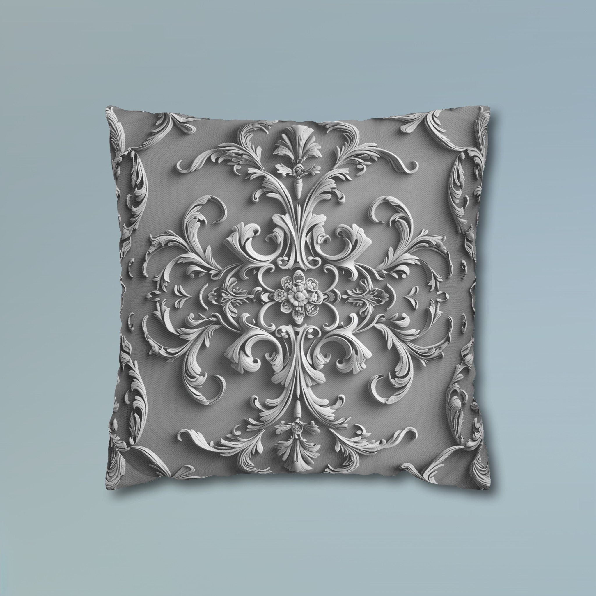 Elegant Silver Grey Baroque Floral Pillow Cover - Monochromatic Symmetrical Design for Classic Decor