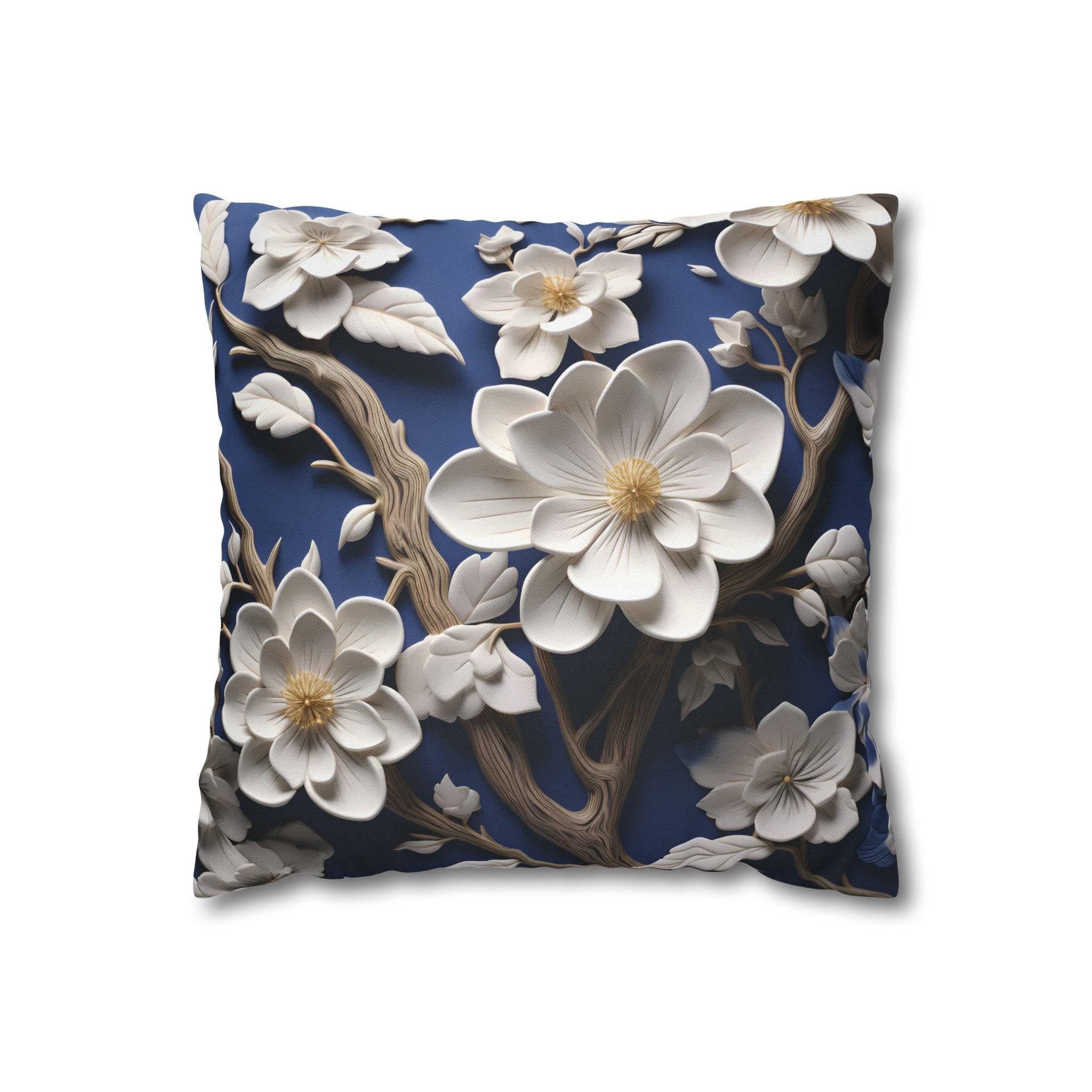 Elegant Chinoiserie White Blossom Pillow Cover | Blue Floral Art | Serene Asian-Inspired Decor