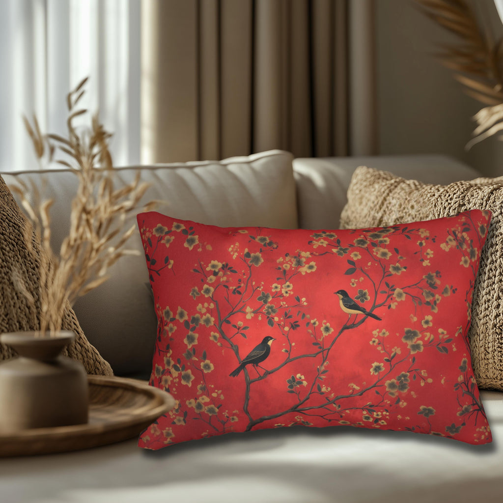 Elegant Chinoiserie Bird Lumbar Pillow: Vintage-Inspired Crimson, Black & Gold Floral Cushion Cover