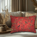Elegant Chinoiserie Bird Lumbar Pillow: Vintage-Inspired Crimson, Black & Gold Floral Cushion Cover