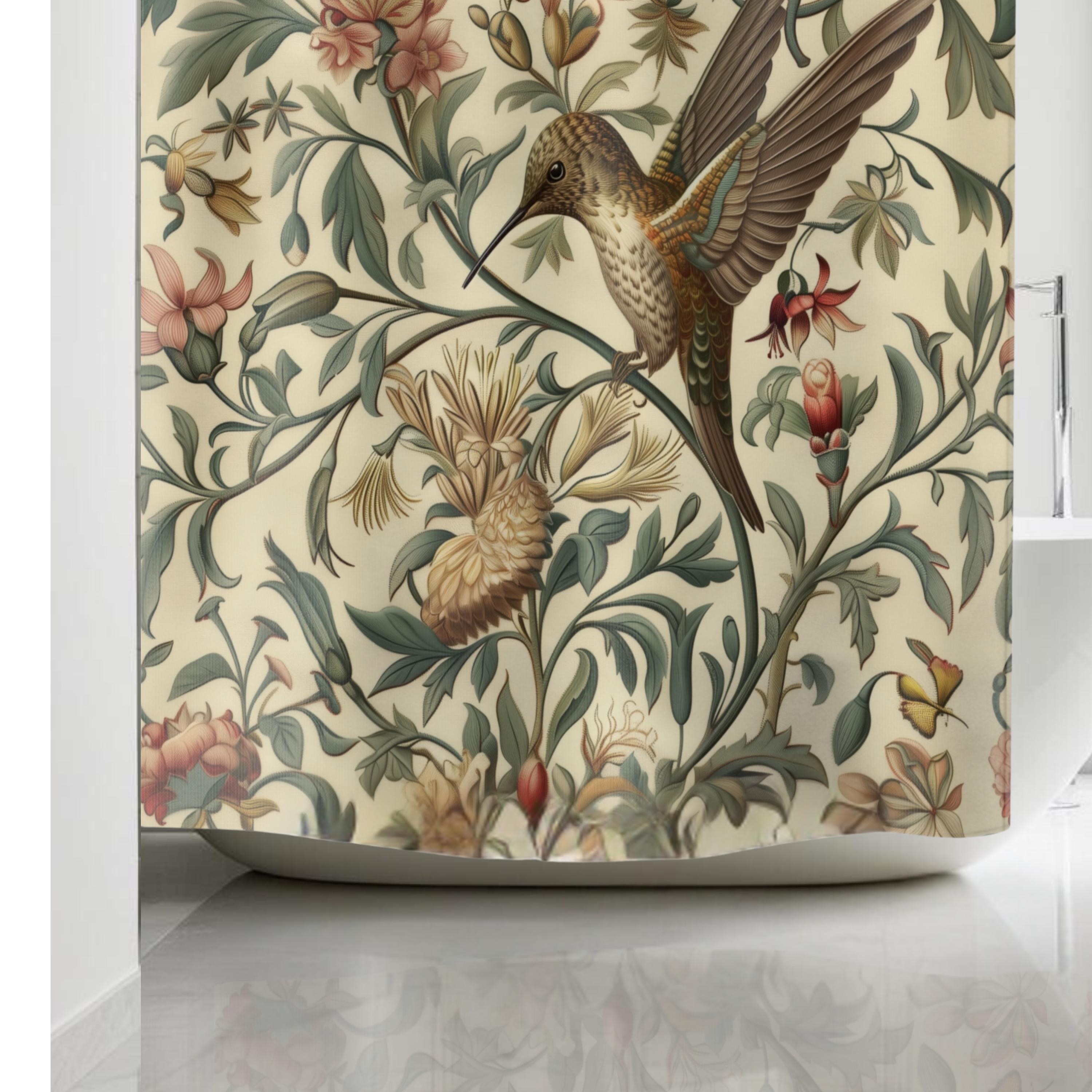 Elegant William Morris Inspired Botanical Shower Curtain: Vintage Style Hummingbird Floral Garden Bath Decor