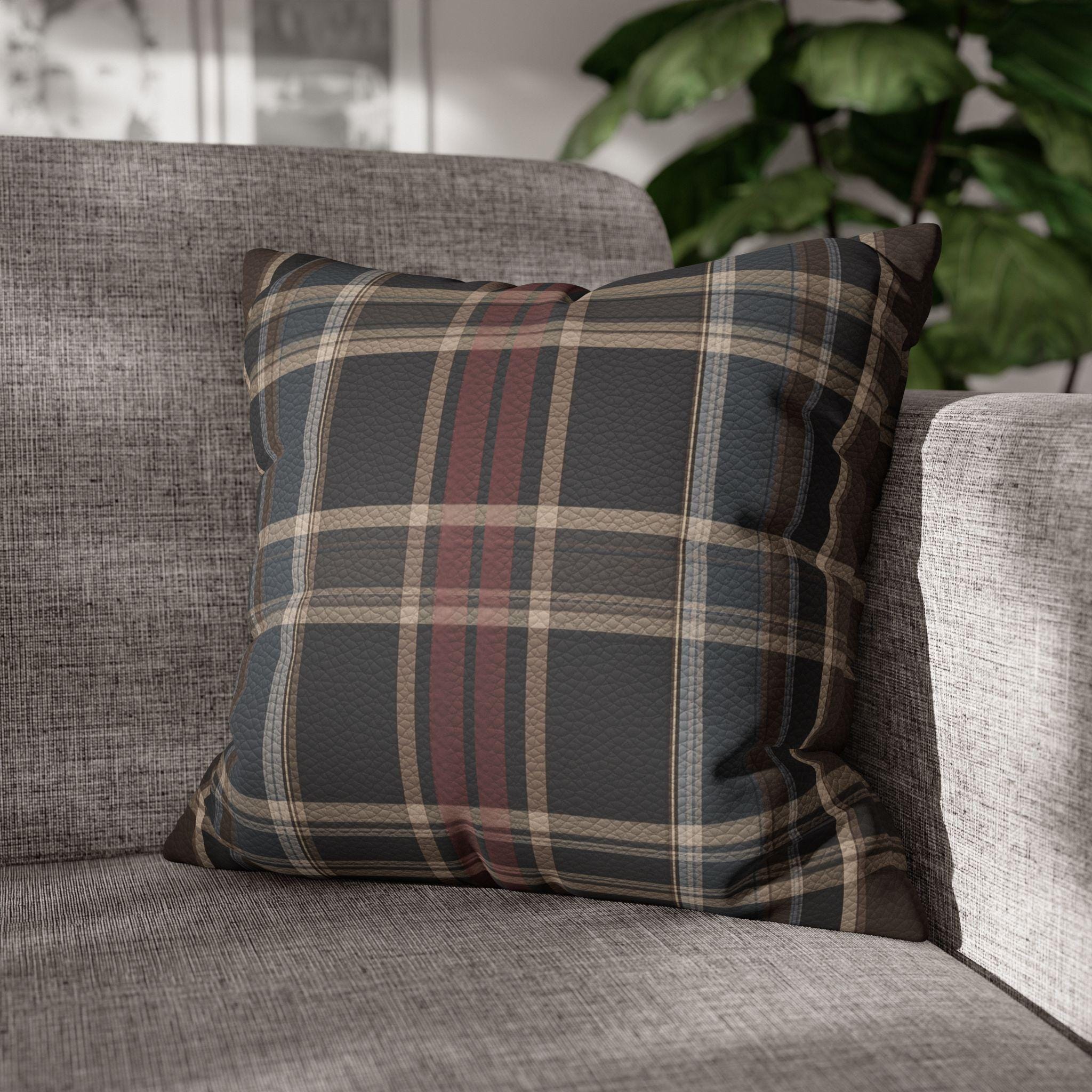 Vegan Faux Suede Material Printed Pillow Cover: Modern Plaid Soft Leather-Look