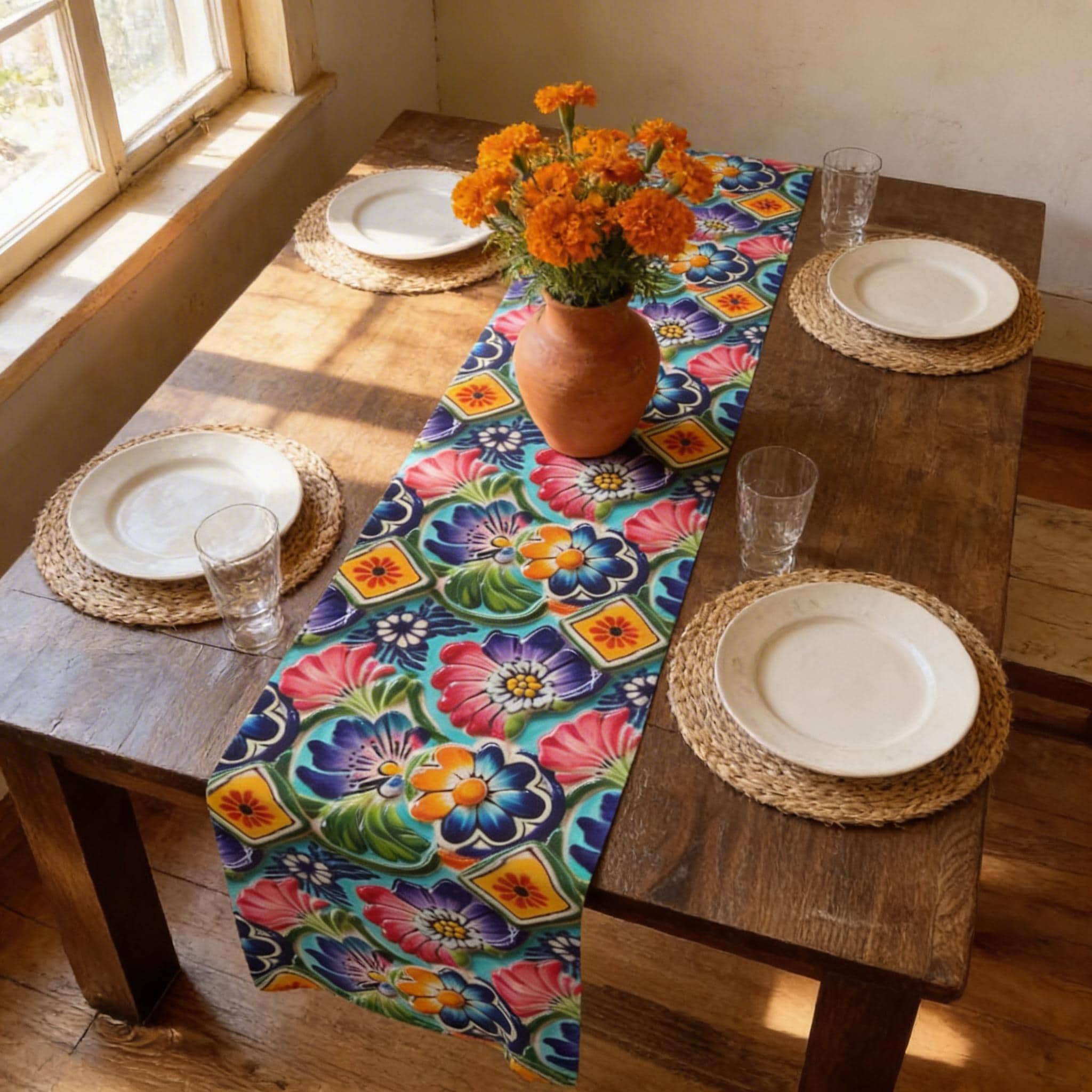 Mexican Table Runner: Botanical Folk Art on Aqua Background