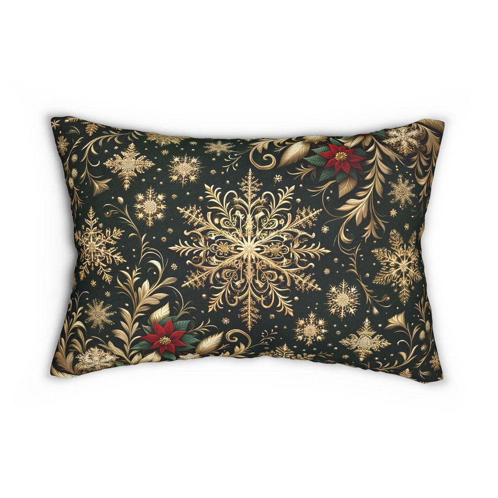 Poinsettia Christmas Lumbar Pillow: Golden Snowflakes, Emerald Green