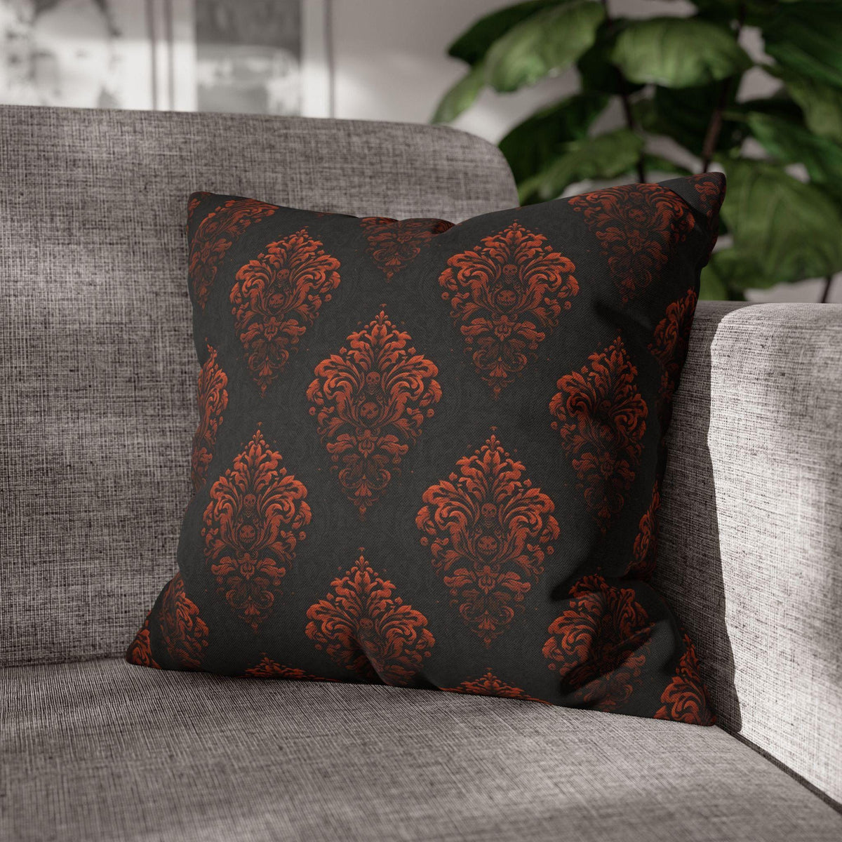 Halloween Damask Pillow Cover: Hidden Skulls in Black and Burnt Orange