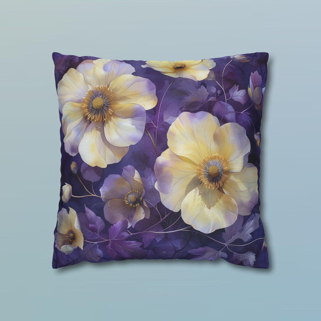 Floral Pillow Cover, Cream Yellow Pansies, Purple Botanical Print