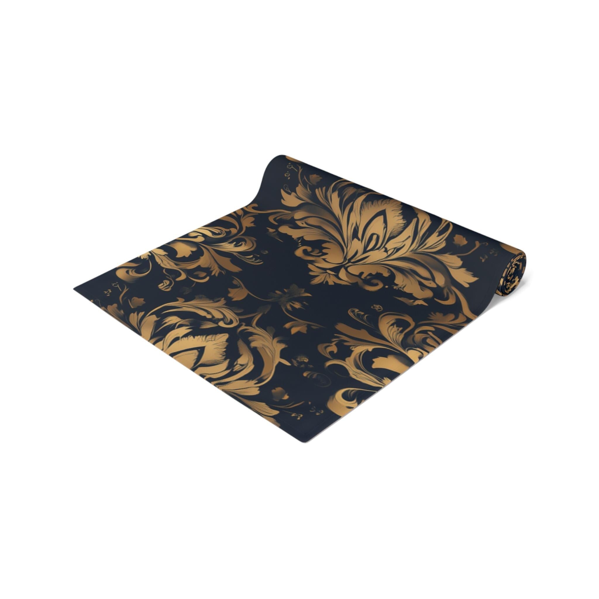 Navy and Gold Damask Table Runner: Elegant Medallion Print Dining Decor