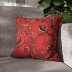 Chinoiserie Bird Pillow Cover: Crimson Floral Accent Cushion