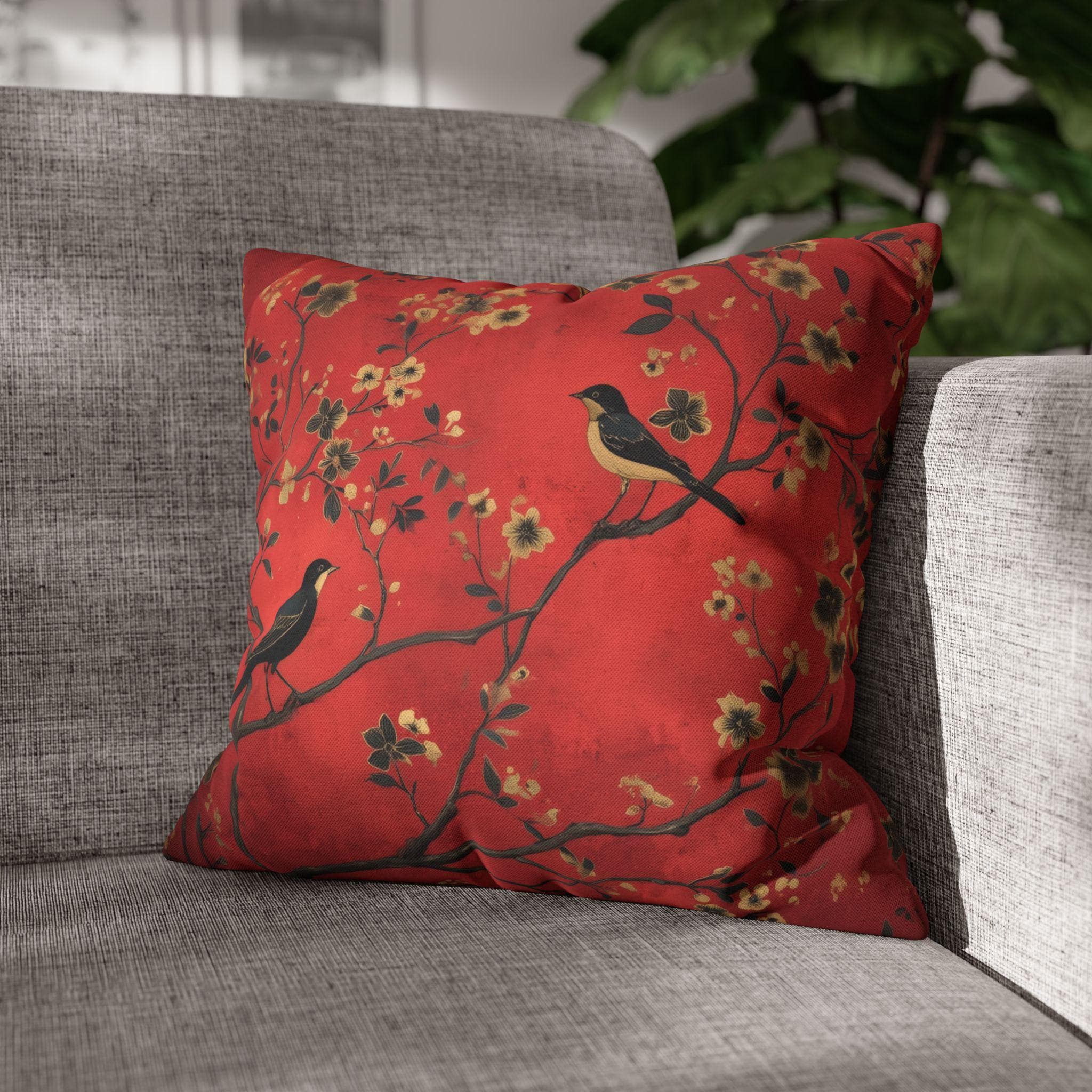 Chinoiserie Bird Pillow Cover: Crimson Floral Accent Cushion