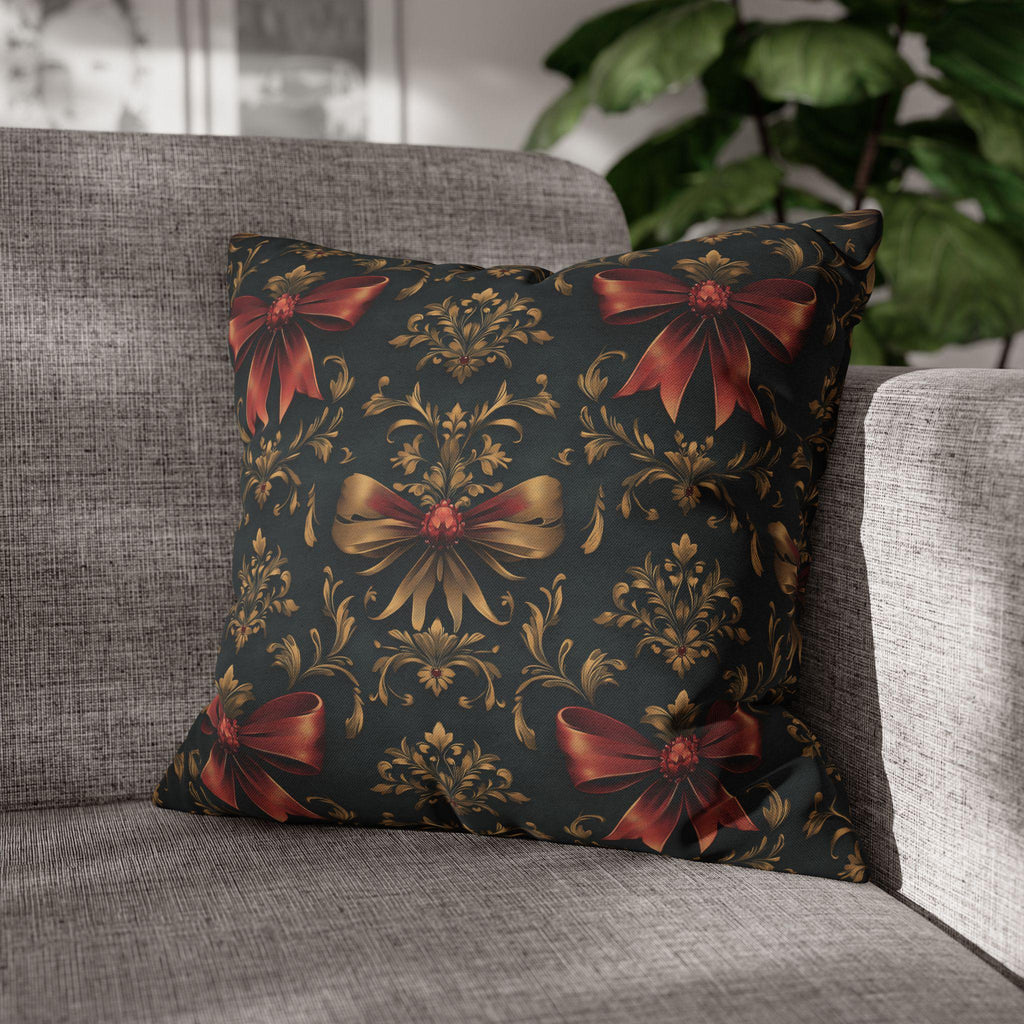 Baroque Christmas Pillow Cover: Green Charcoal Red Gold Bows