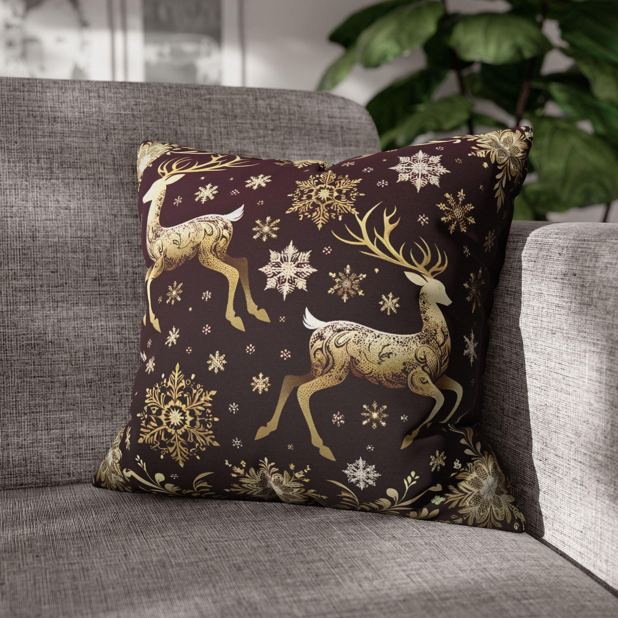 Golden Reindeer Snowflake Decorative Throw Pillow Cover: Festive Elegance Designer Square Pillowcase
