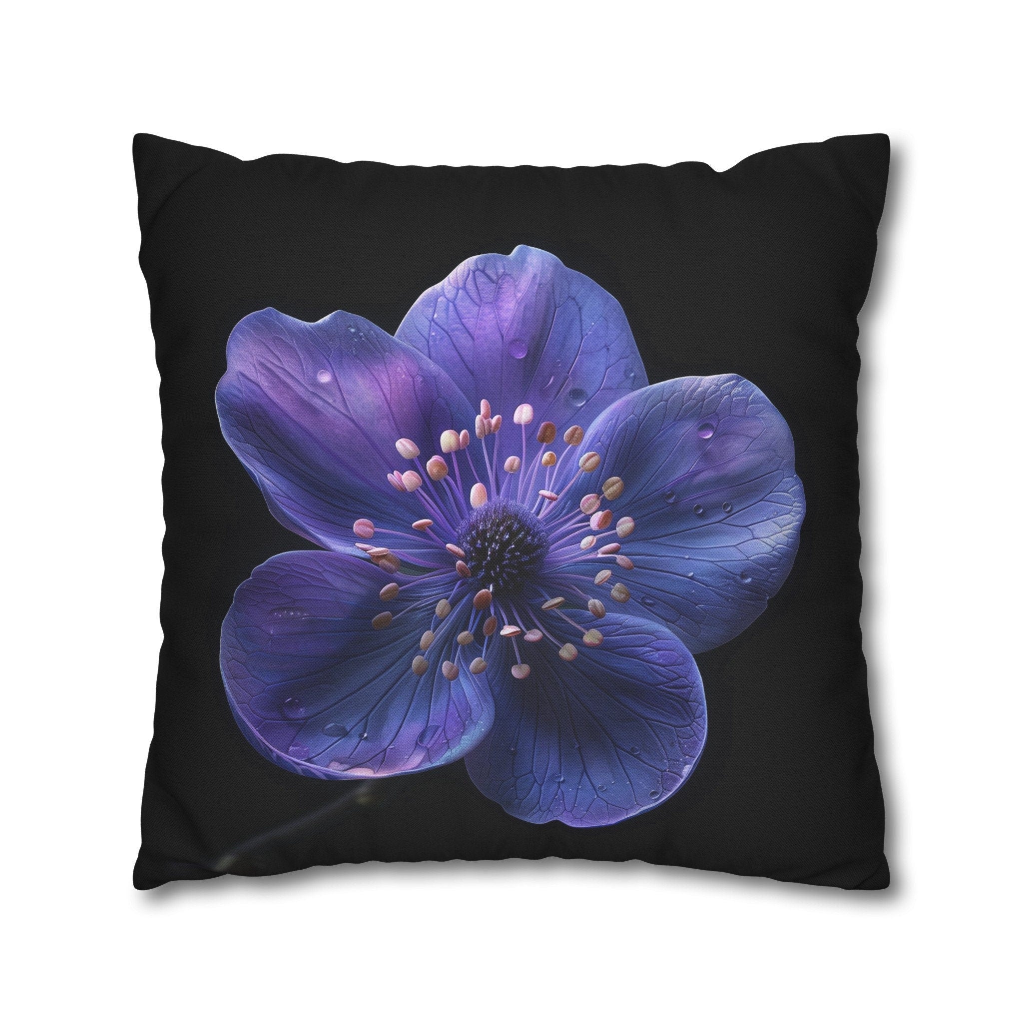 Purple Anemone Floral Pillow Cover, Vivid Flower on Black