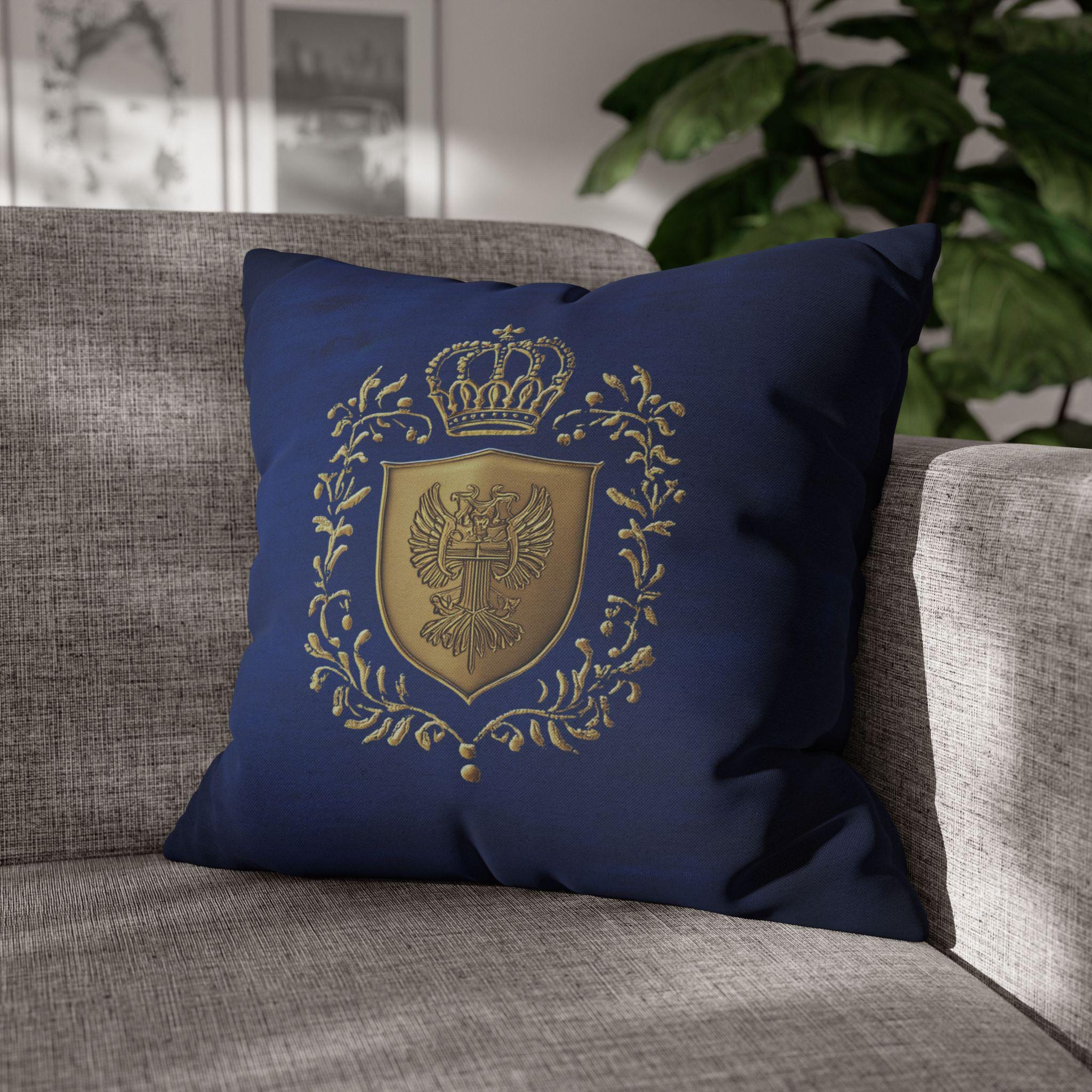 Royal Coat of Arms Pillowcase - Regal Golden Emblem on Royal Blue , Elegant Luxury Decor