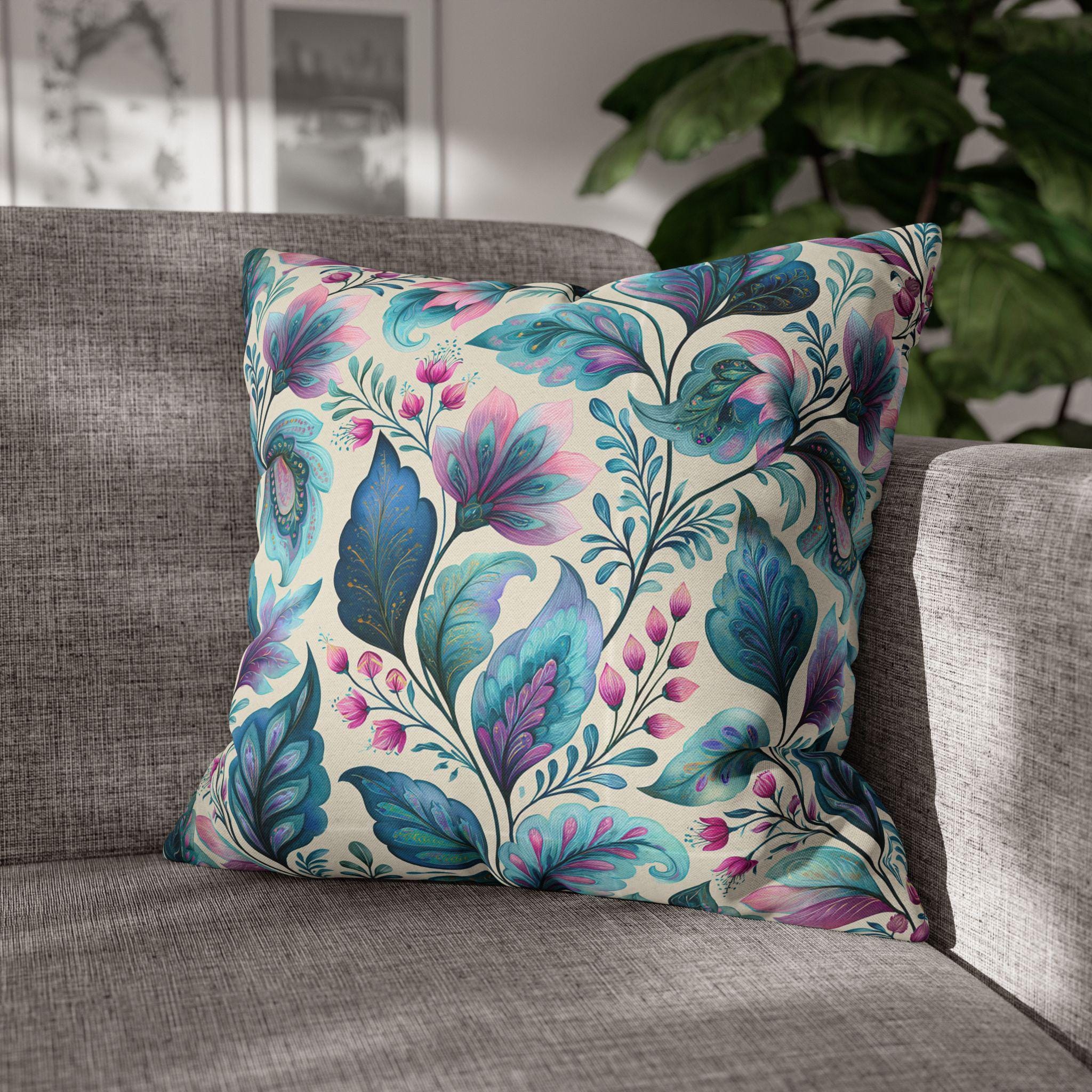 Botanical Paisley Pillow Cover: Watercolor Jewel Tone in Teal, Aqua, Violet and Pink