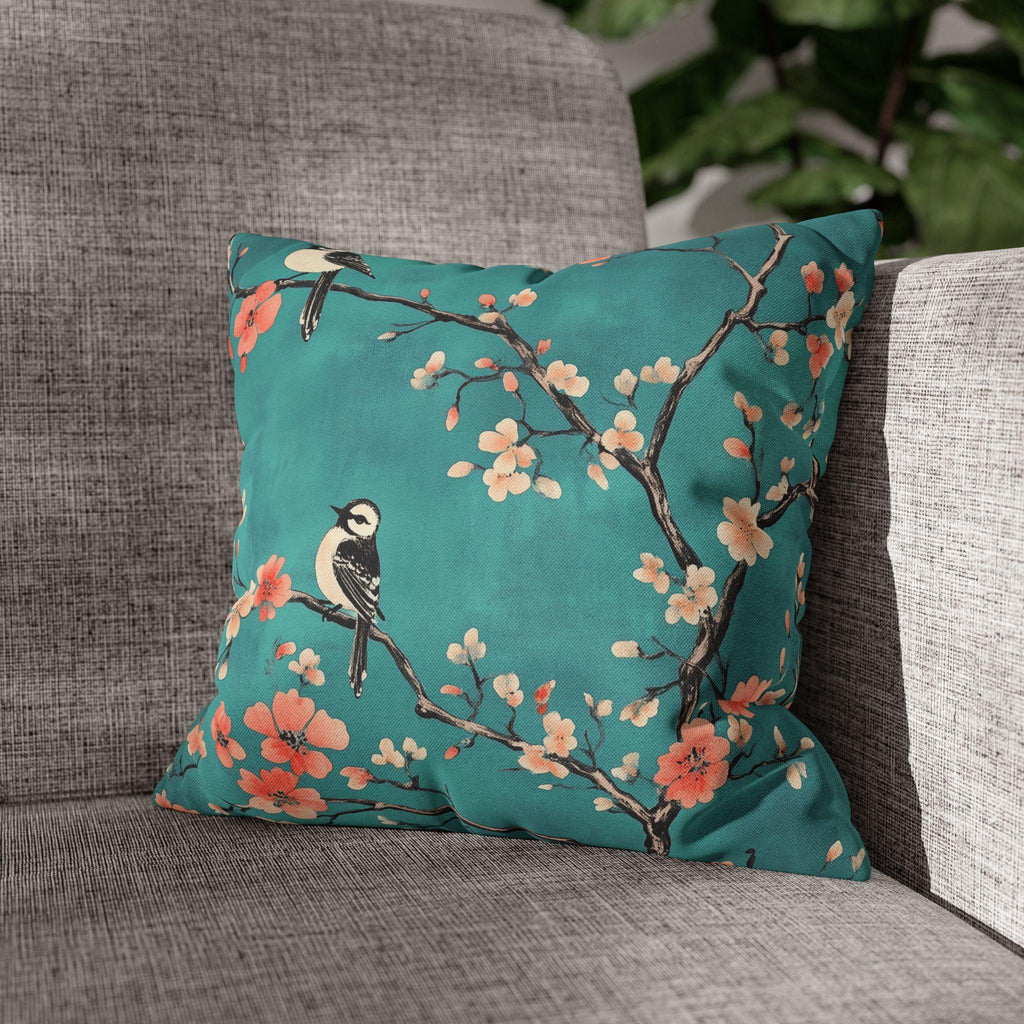 Elegant Chinoiserie Teal Bird Pillow Cover with Coral Blossoms for Nature-Inspired Home Decor