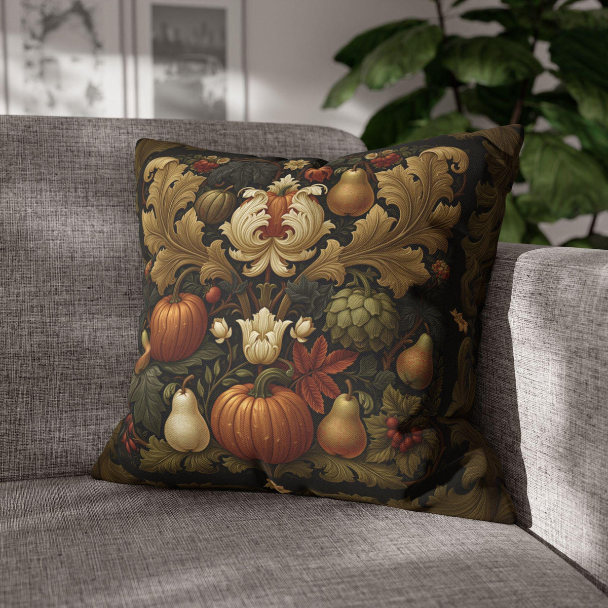 William Morris Inspired Fall Pillow Cover: Autumn Harvest Tapestry, Pumpkin, Pear & Gold