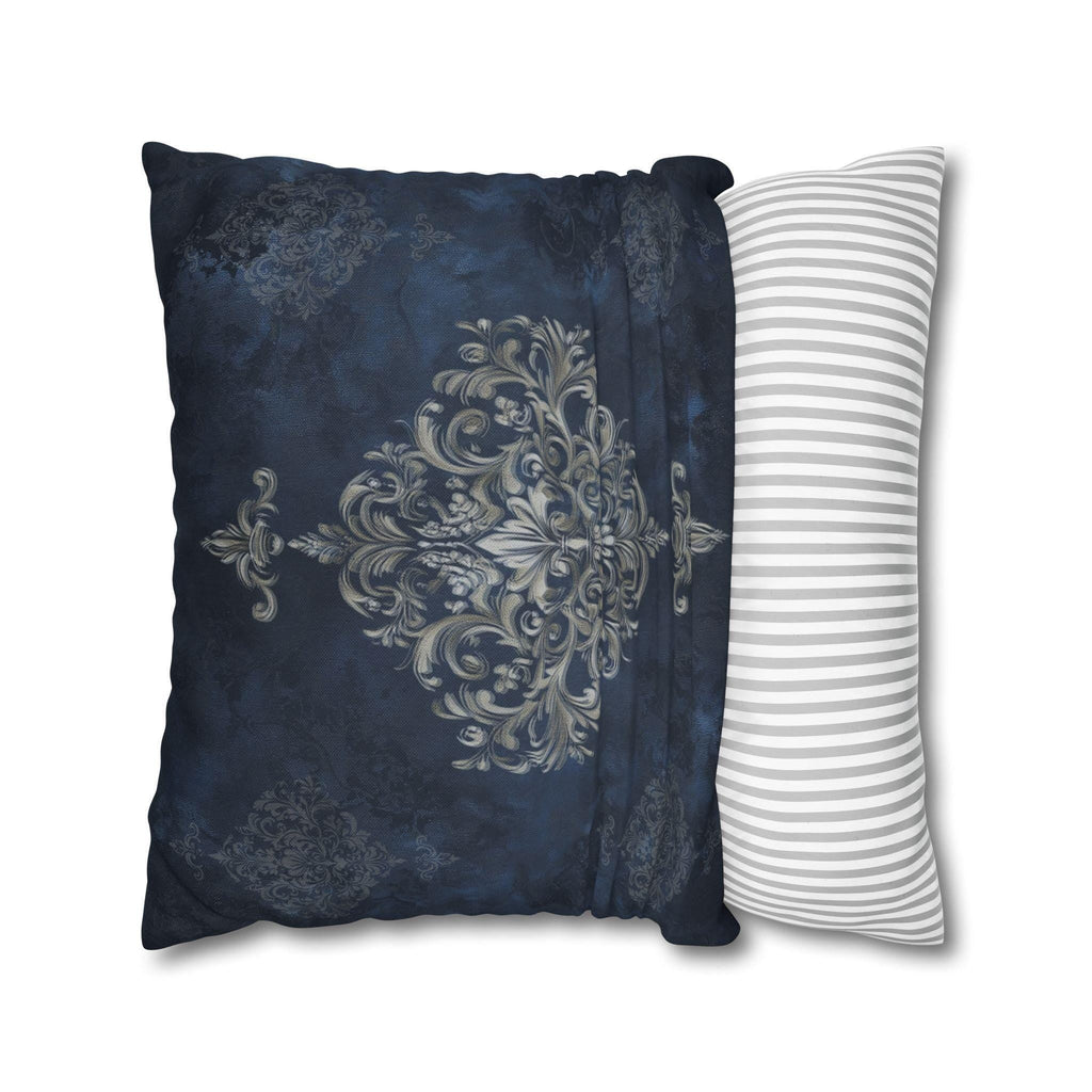 Elegant Navy Blue Damask Pillow Cover with Antique Gold Scroll Pattern - Baroque Accent Cushion