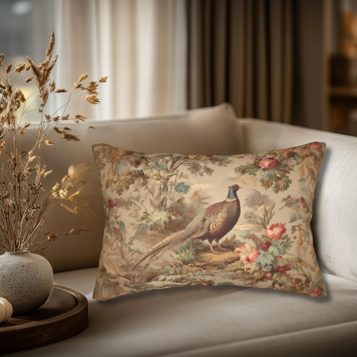 French Country Pheasant Lumbar Pillow: Vintage Style Toile Bird Design