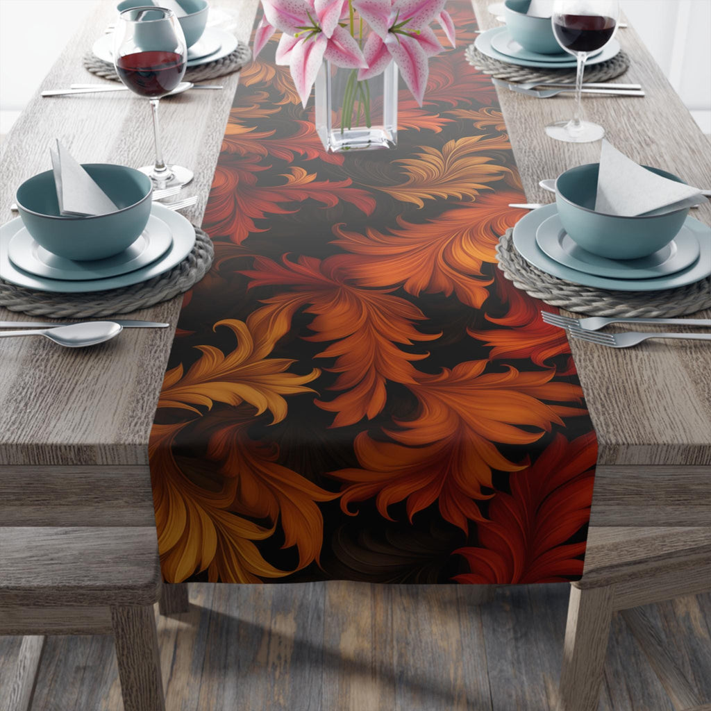 Art Nouveau Fall Table Runner: Ember Orange Acanthus Leaves, Modern Autumn Decor