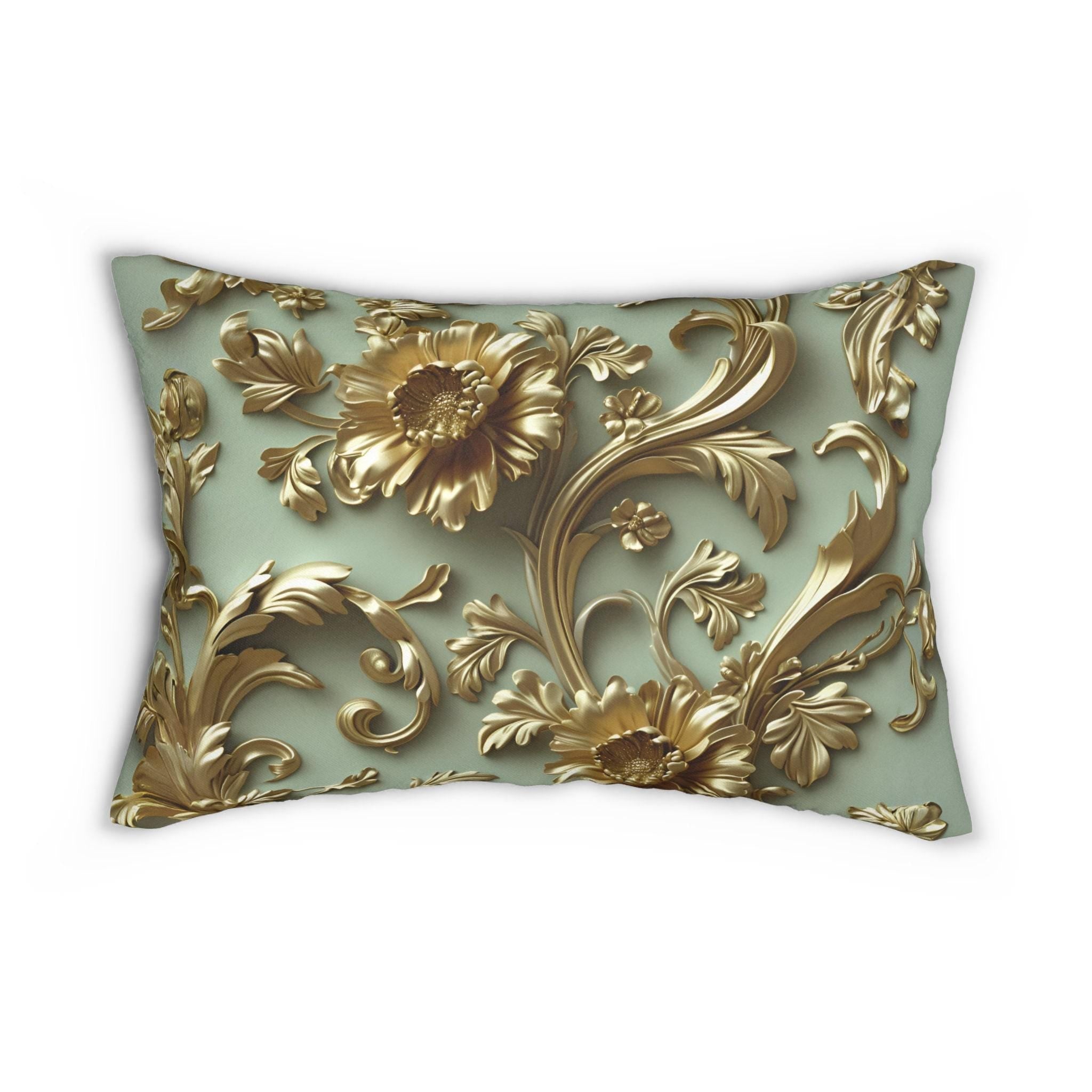 French Rococo Golden Floral Lumbar Pillow | Sage Green Elegance | Ornate Decorative Design