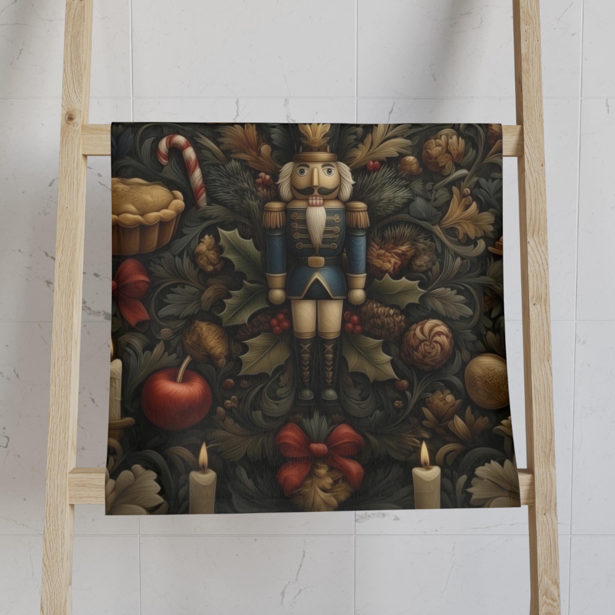 William Morris Christmas Nutcracker Tea Towel: Charcoal Red & Gold Holiday Botanical Kitchen Decor