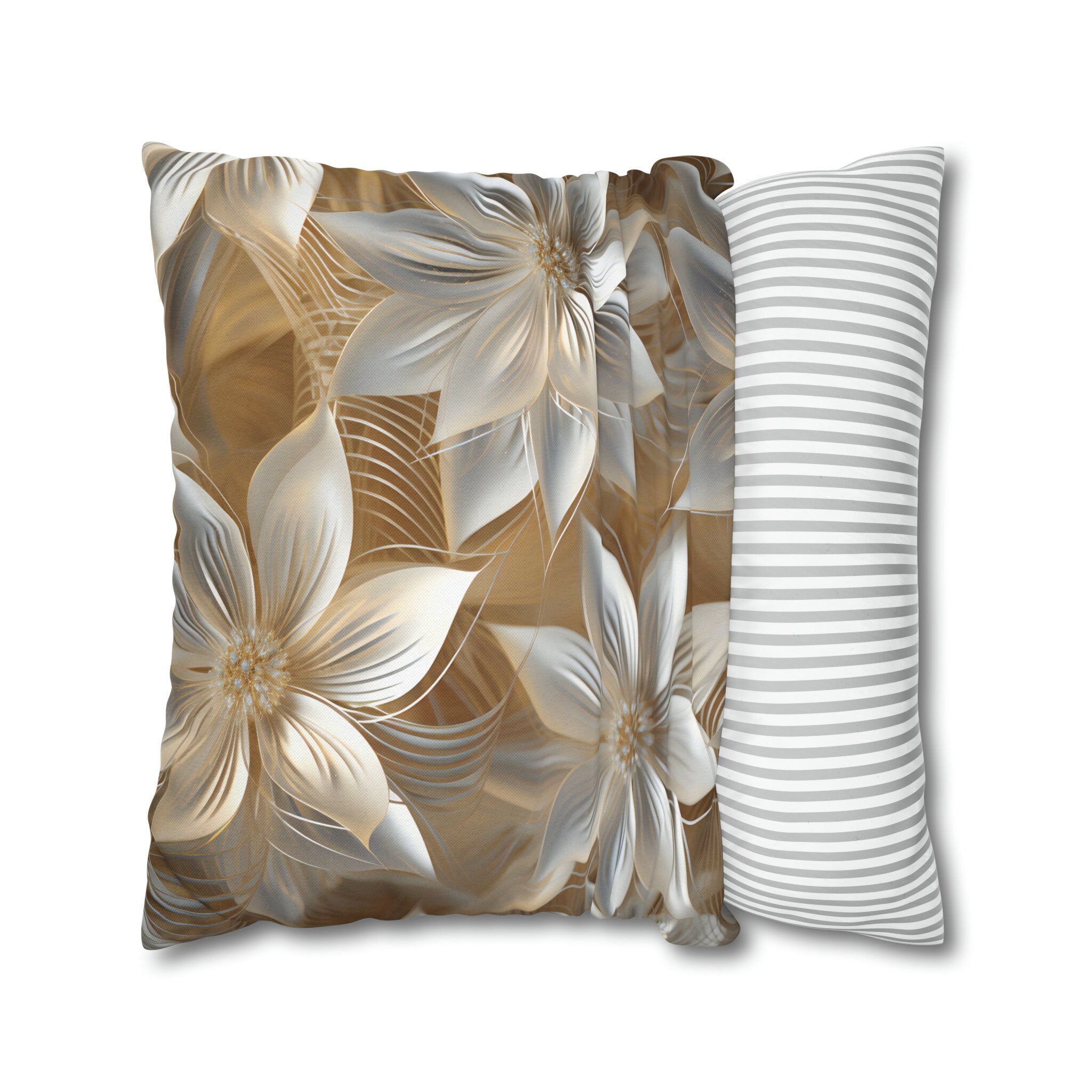Elegant Winter Floral Pillow Cover: Pale Gold and Shimmery Silver