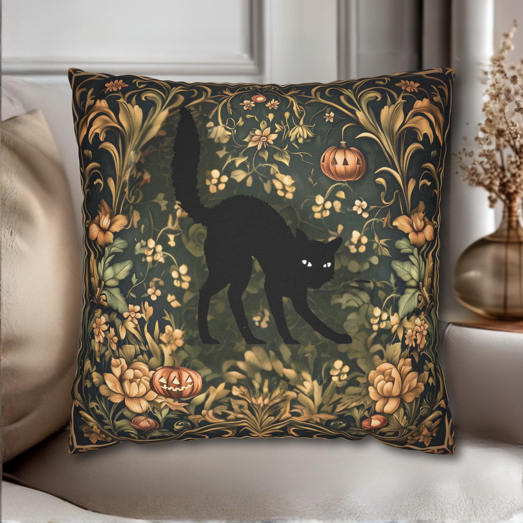 William Morris Inspired Fall Pillow Cover: Black Cat Halloween Botanical Decor