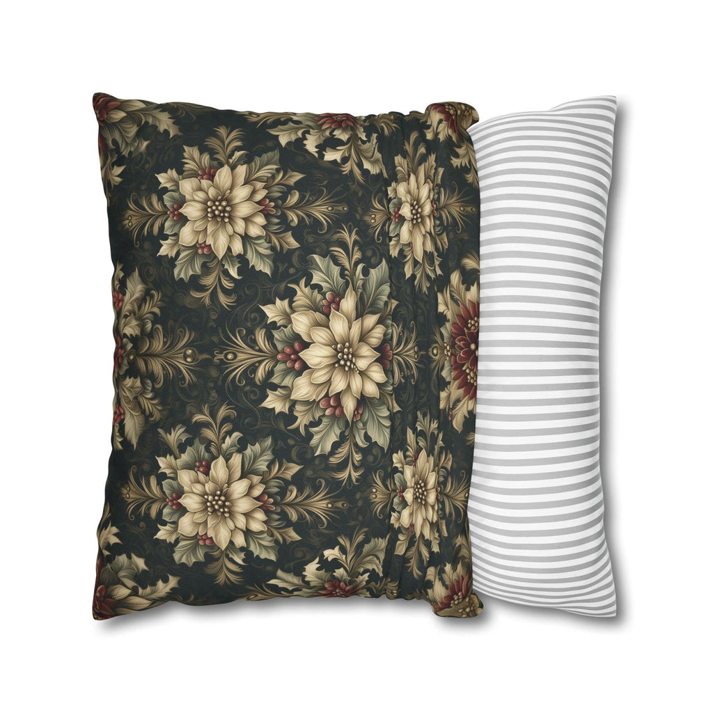 William Morris Christmas Pillow Cover: Ivory Poinsettia and Holly Repeating Pattern on Midnight Green