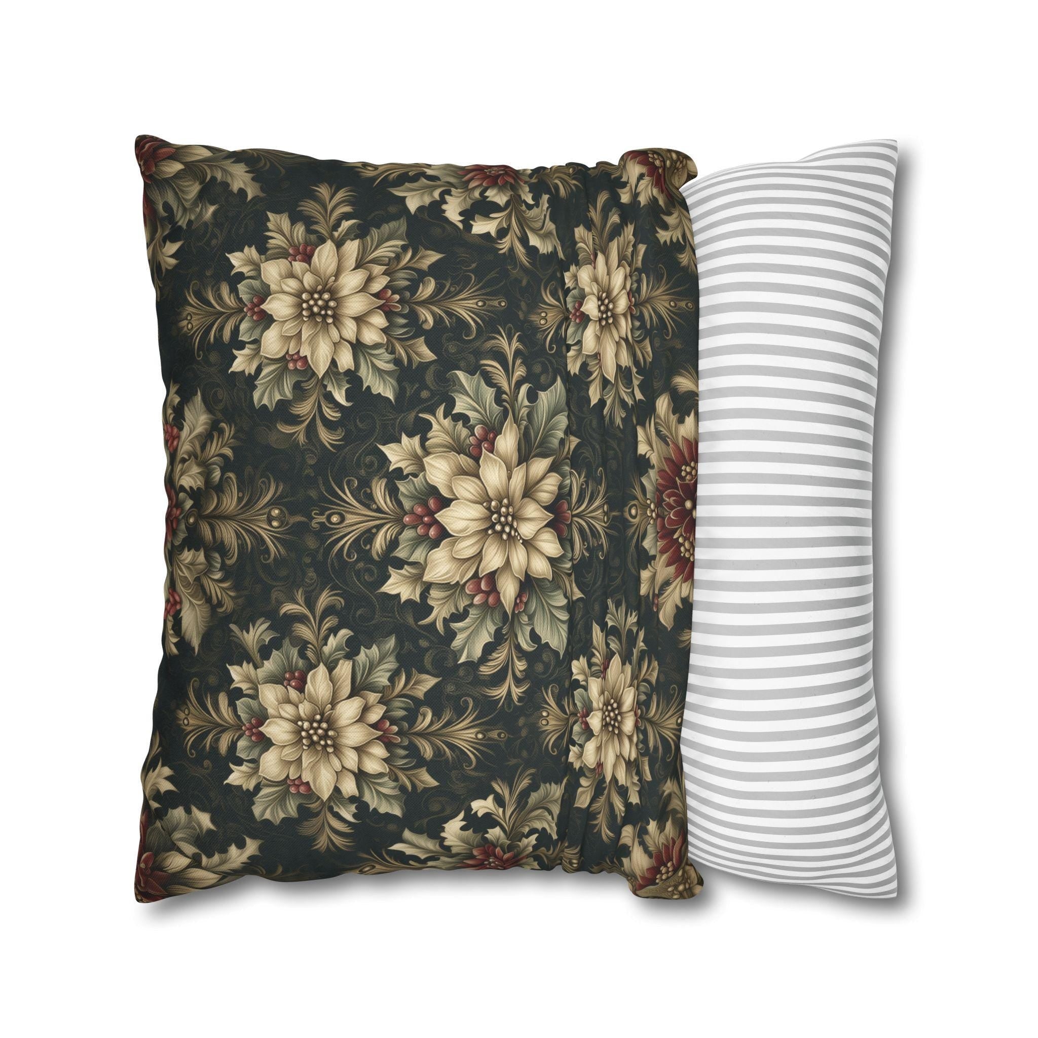 William Morris Christmas Pillow Cover: Ivory Poinsettia and Holly Repeating Pattern on Midnight Green