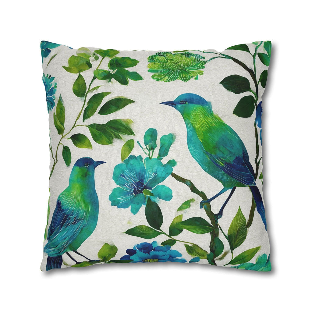 Chinoiserie Bird Pillow Cover: Teal Green Watercolor Floral Cushion