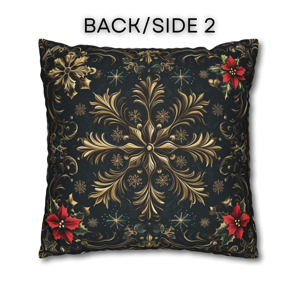 Victorian Christmas Throw Pillow Cover: Gold and Navy Snowflake & Poinsettia Holiday Accent Decor