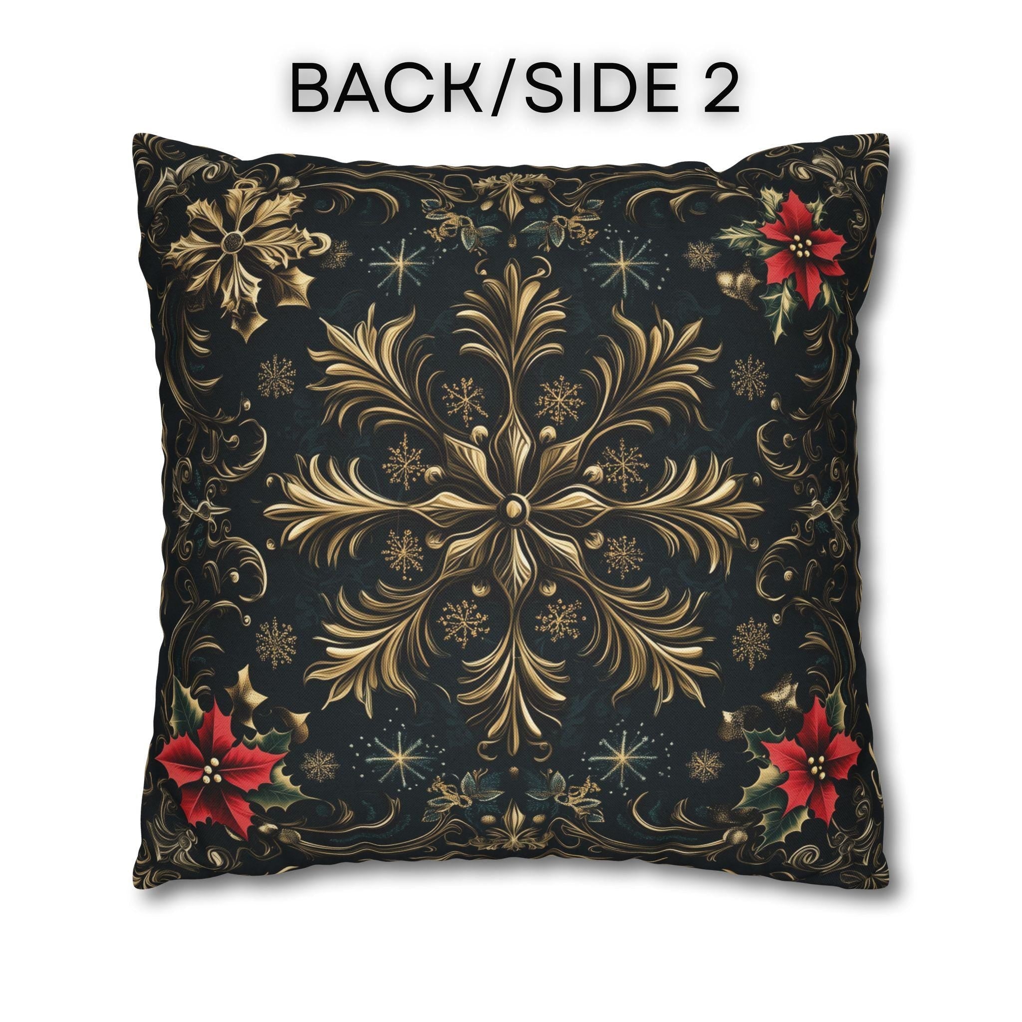 Victorian Christmas Throw Pillow Cover: Gold and Navy Snowflake & Poinsettia Holiday Accent Decor