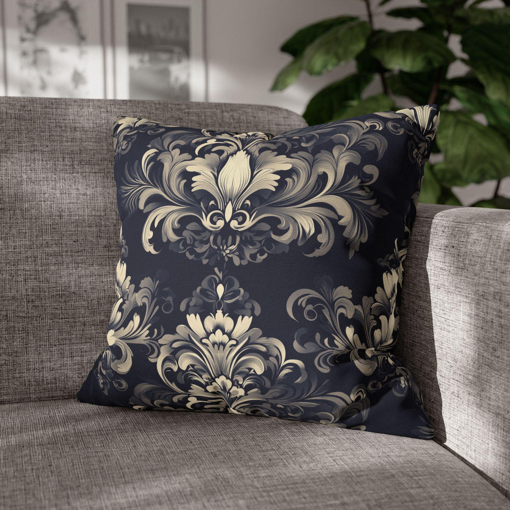 Damask Inspired Pillow Cover, Opulent Floral Scroll Motif, Luxury Ivory & Blue Square Pillowcase
