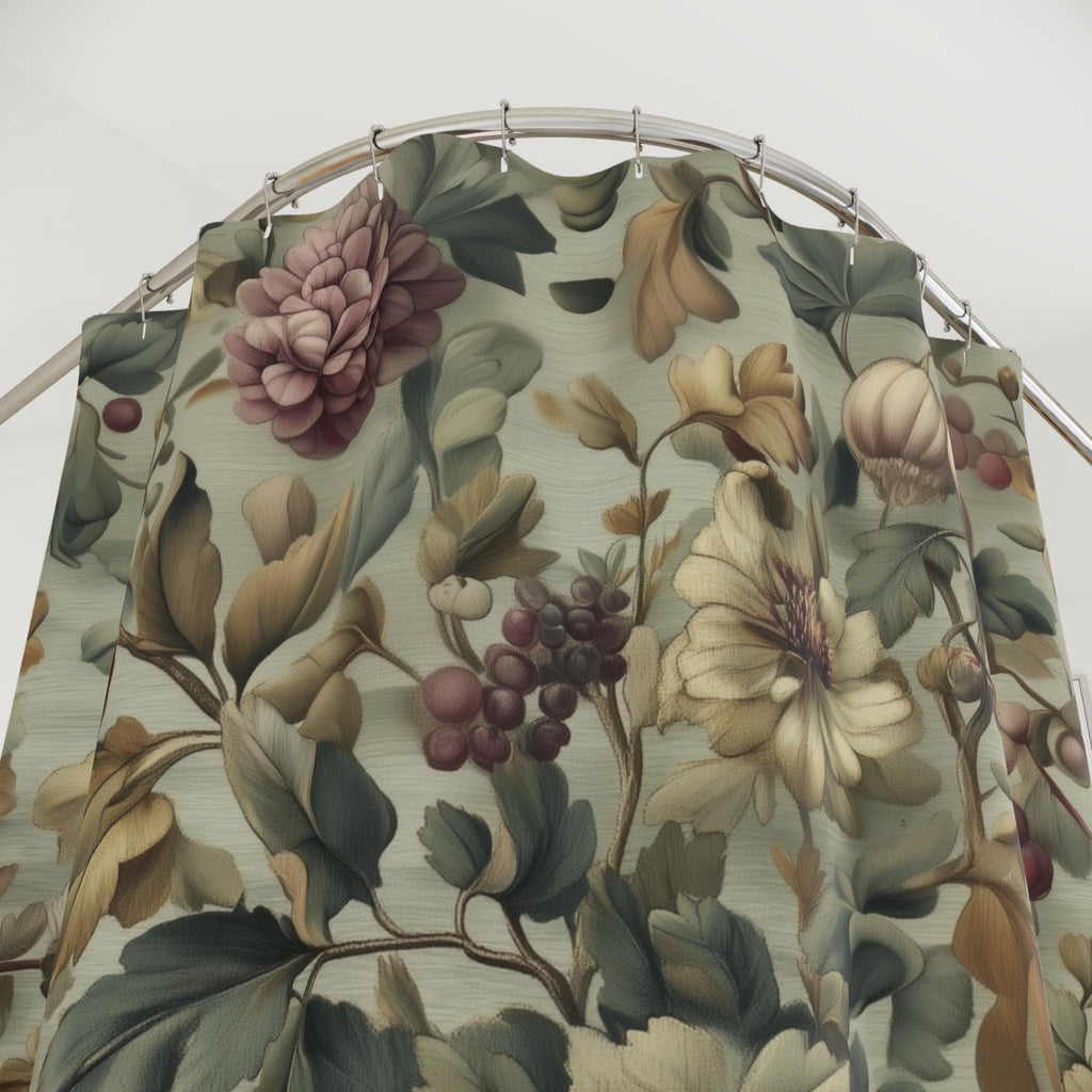 William Morris Inspired Fall Botanical Shower Curtain: Sage Mint, Wine, Wheat