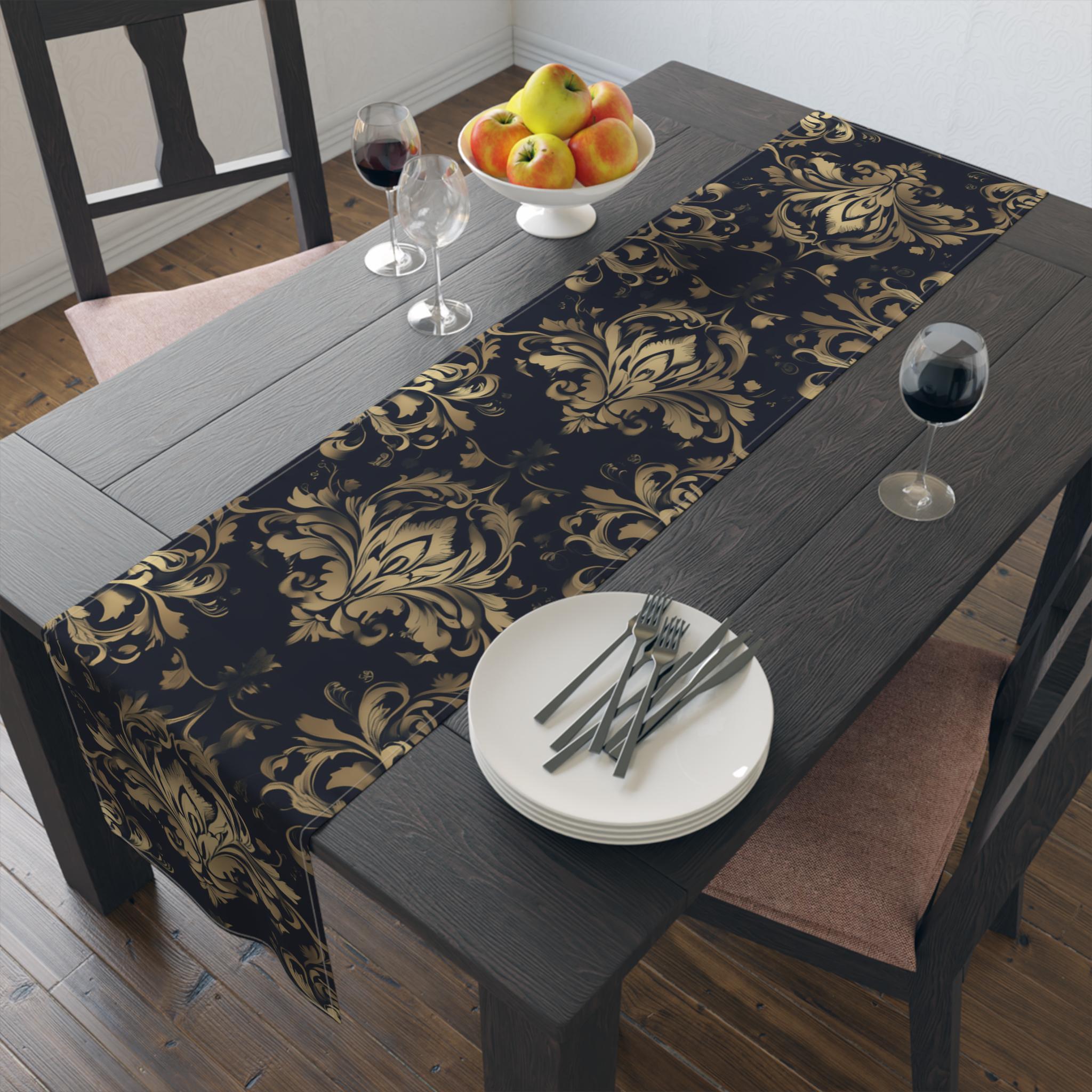 Navy and Gold Damask Table Runner: Elegant Medallion Print Dining Decor