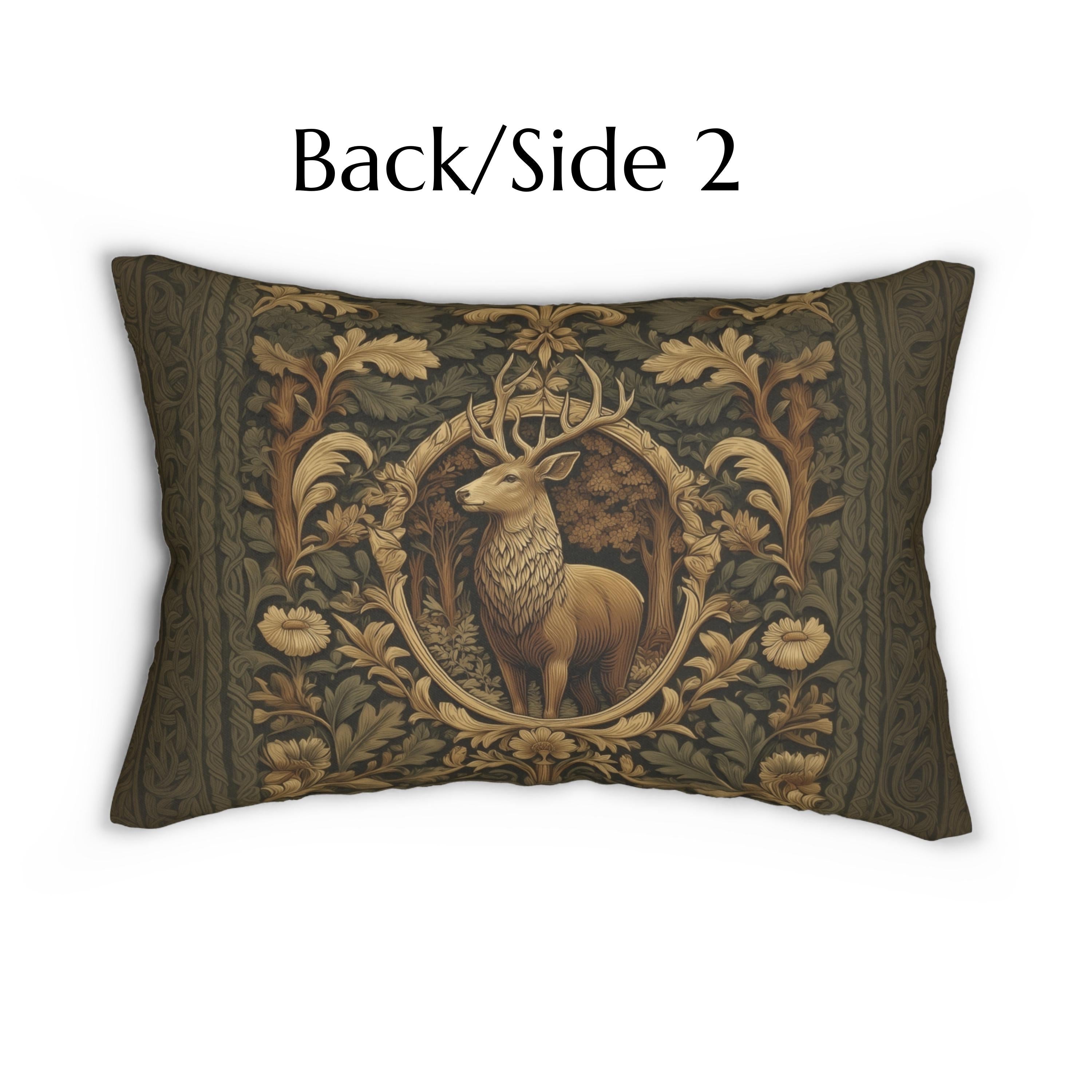 William Morris Inspired Noble Stag Lumbar Pillow: Botanical Woodland Design
