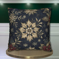 Sophisticated Holiday Pillow Cover | Golden Poinsettia and Snowflake Design | Denim Blue Background