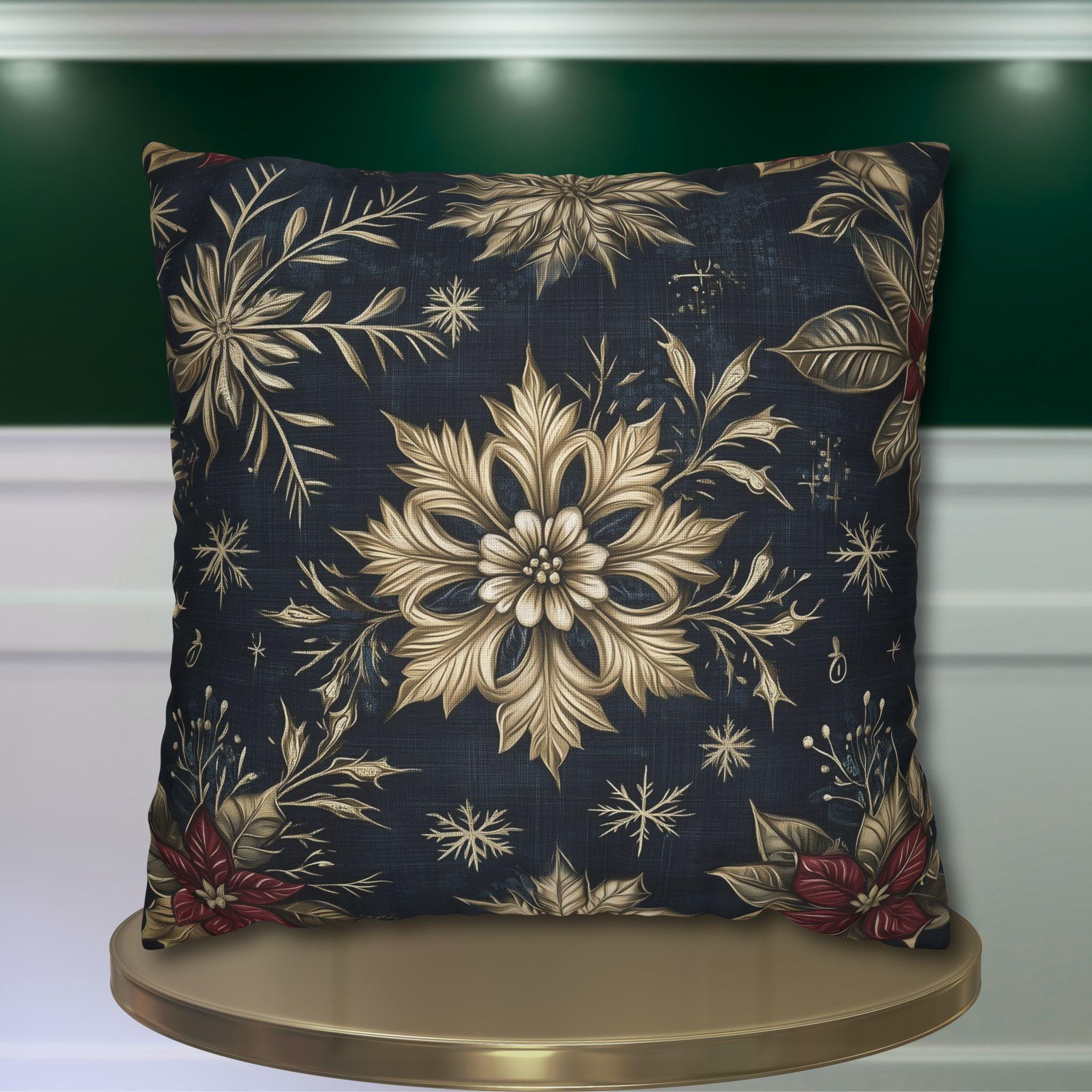 Sophisticated Holiday Pillow Cover | Golden Poinsettia and Snowflake Design | Denim Blue Background