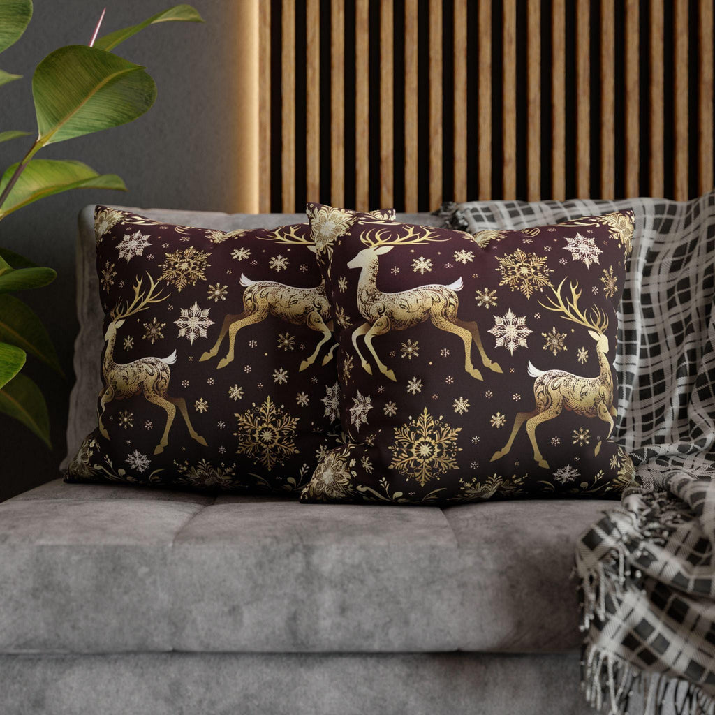 Golden Reindeer Snowflake Decorative Throw Pillow Cover: Festive Elegance Designer Square Pillowcase