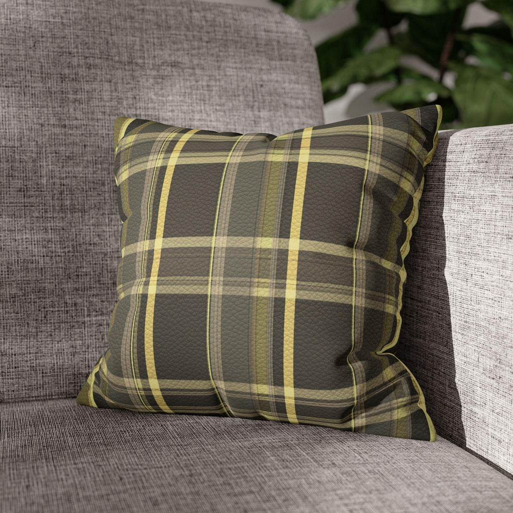 Vegan Faux Suede Material Printed Pillow Cover: Modern Olive & Golden Yellow Plaid Soft Leather-Look