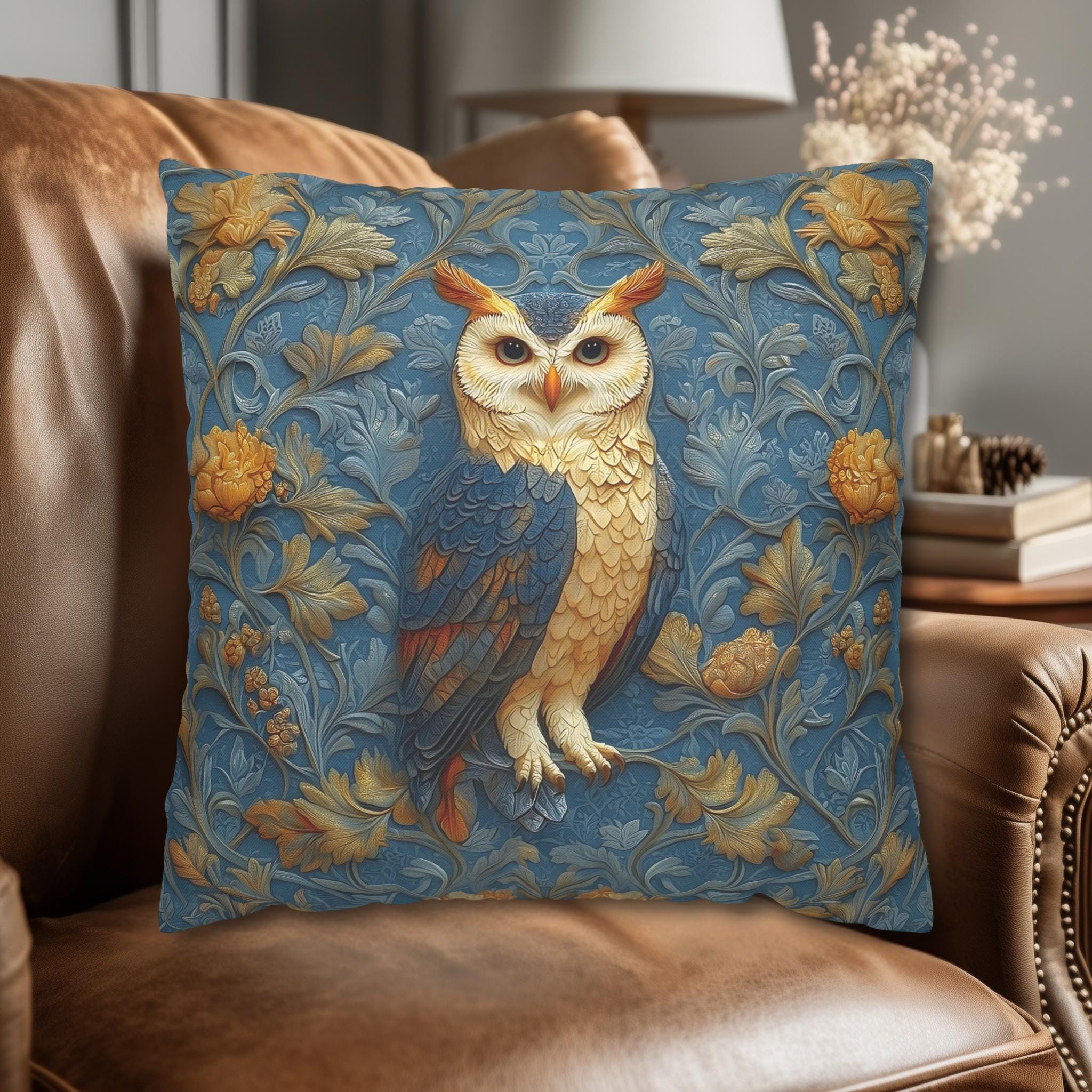 William Morris Style Throw Pillow Cover: Blue and Gold Owl Design