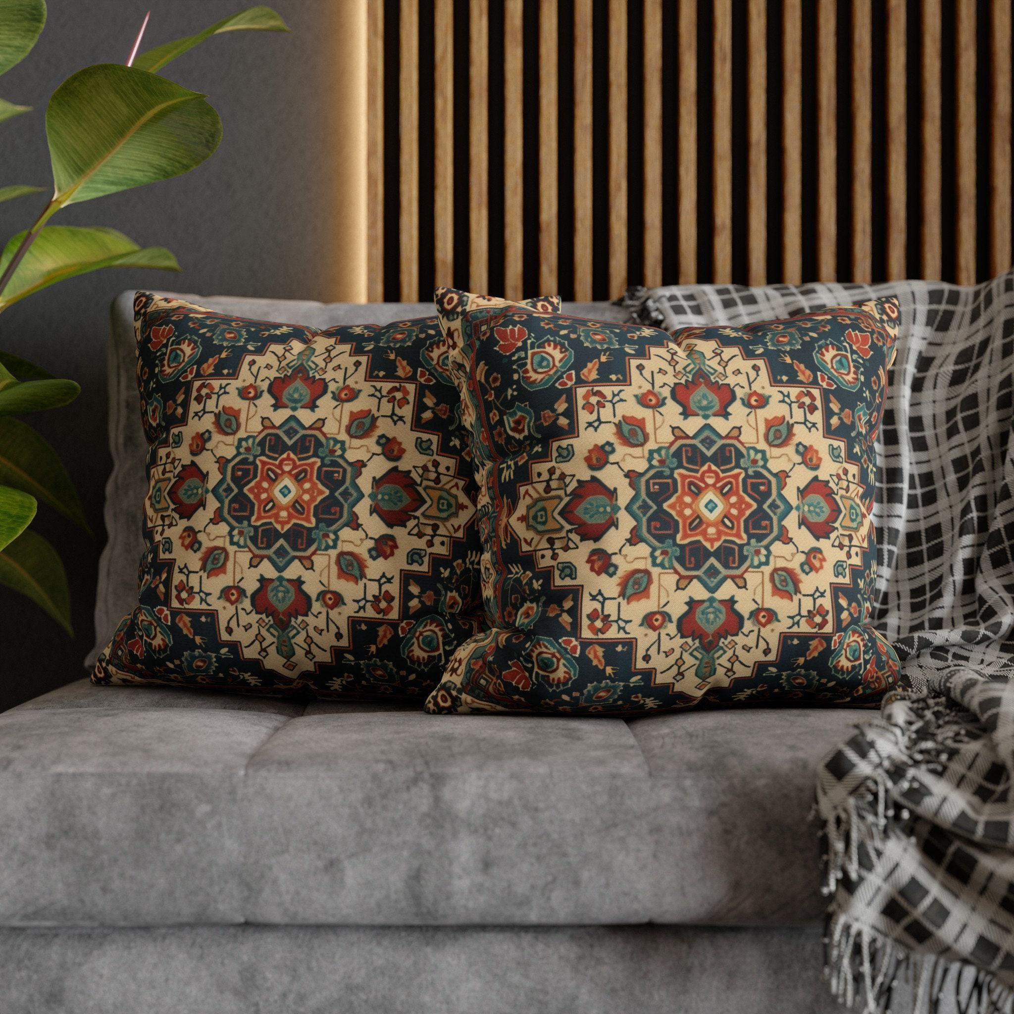 Turkish Rug-Inspired Throw Pillow Cover: Ornate Medallion Design with Rich Colors for Home Decor
