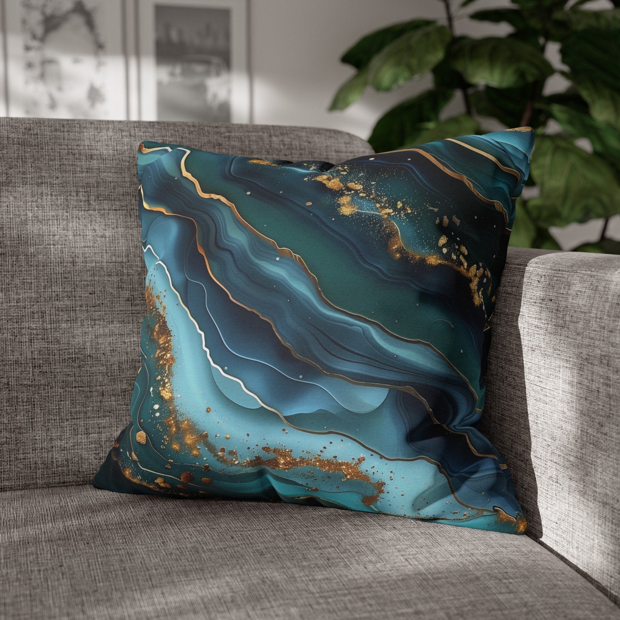 Teal Ocean Waves Pillow Cover: Blue & Gold Accent Cushion
