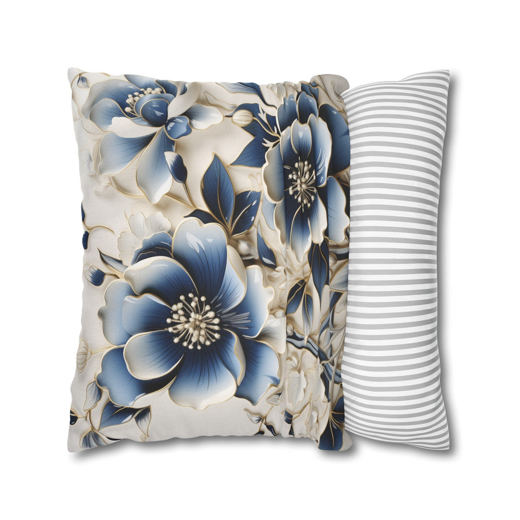 Elegant Chinoiserie Floral Pillow Cover: Blue & Off-White Eastern Motif Cushion for Home Decor