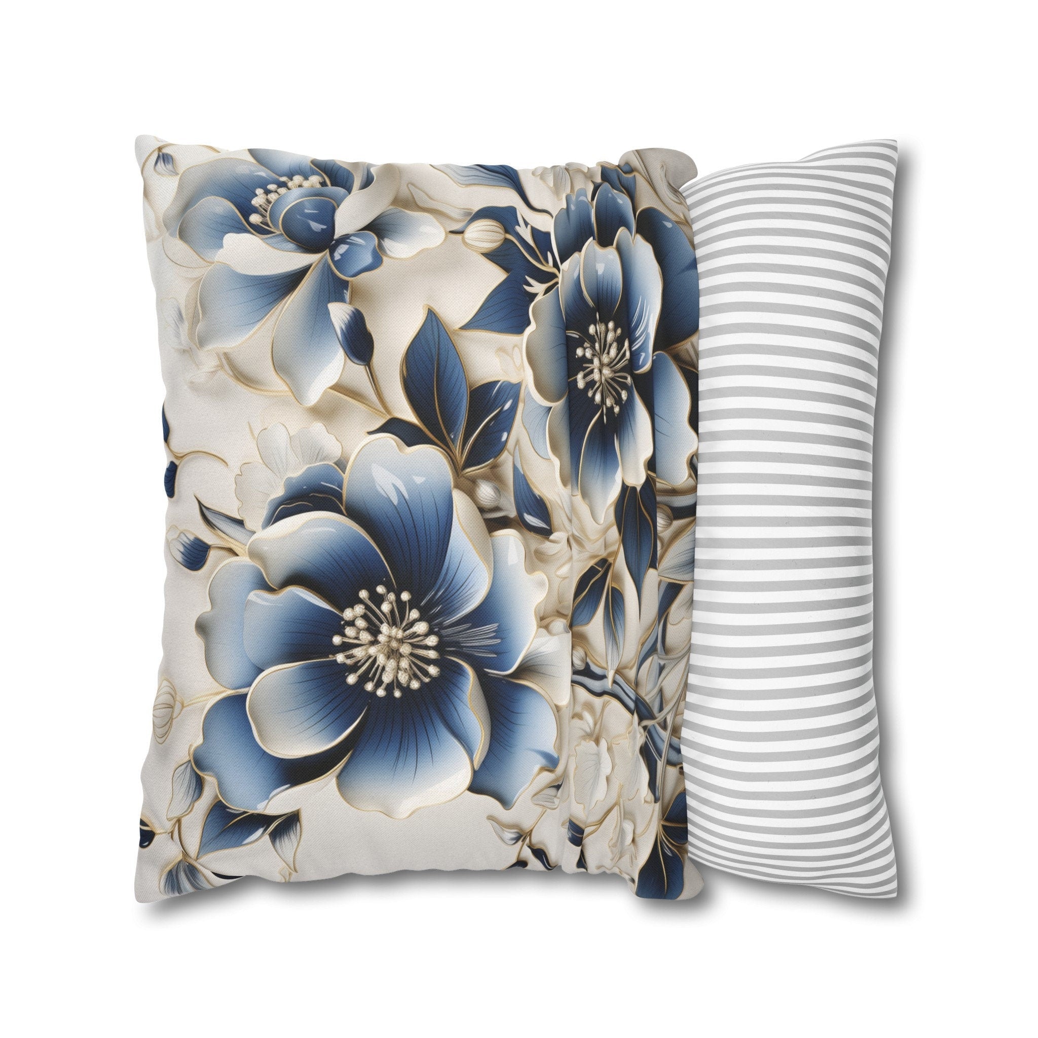 Elegant Chinoiserie Floral Pillow Cover: Blue & Off-White Eastern Motif Cushion for Home Decor